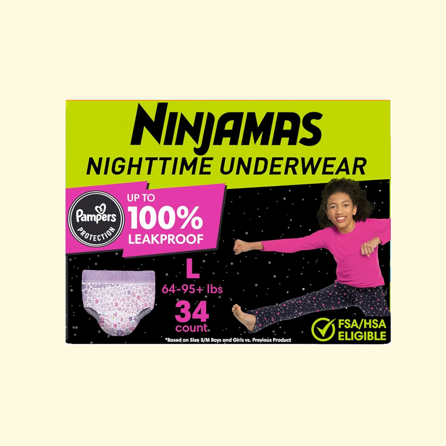 Ninjamas Nighttime Underwear, Size L (64-95+ lbs), 34 Count