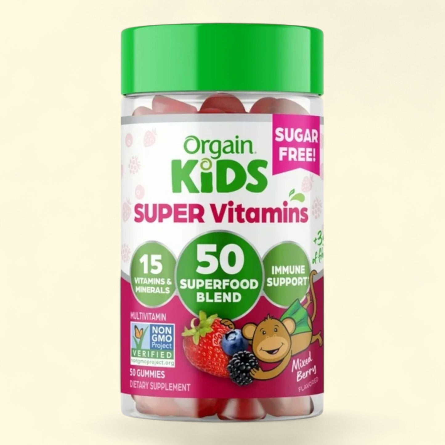 Orgain Kids Super Vitamins container with a green lid on a beige background