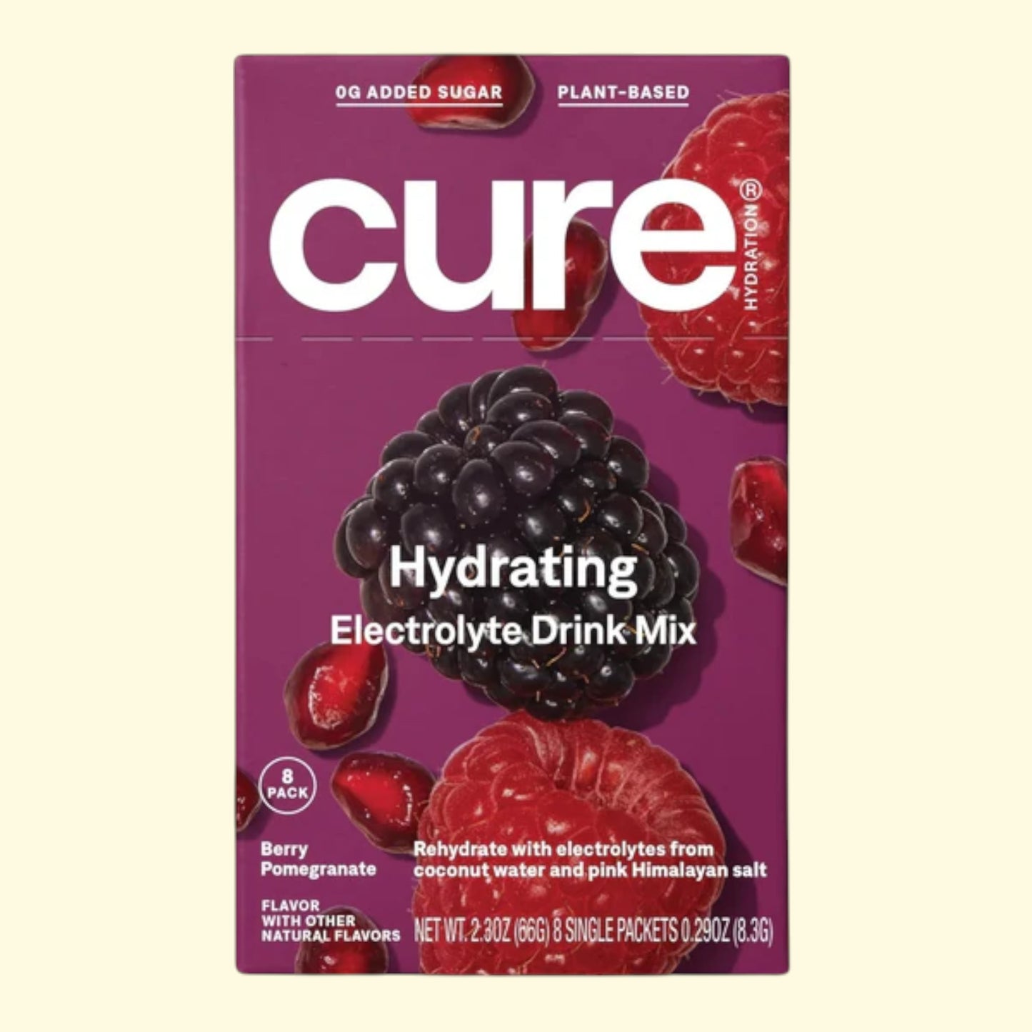 Cure Hydrating Electrolyte Drink Mix packaging with berries on a purple background