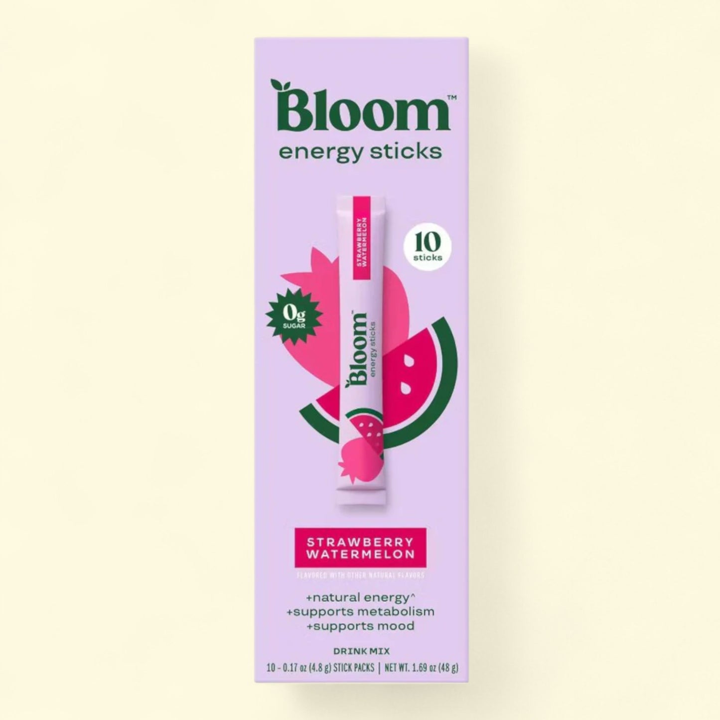 Bloom energy sticks packaging with a strawberry watermelon flavor on a light yellow background