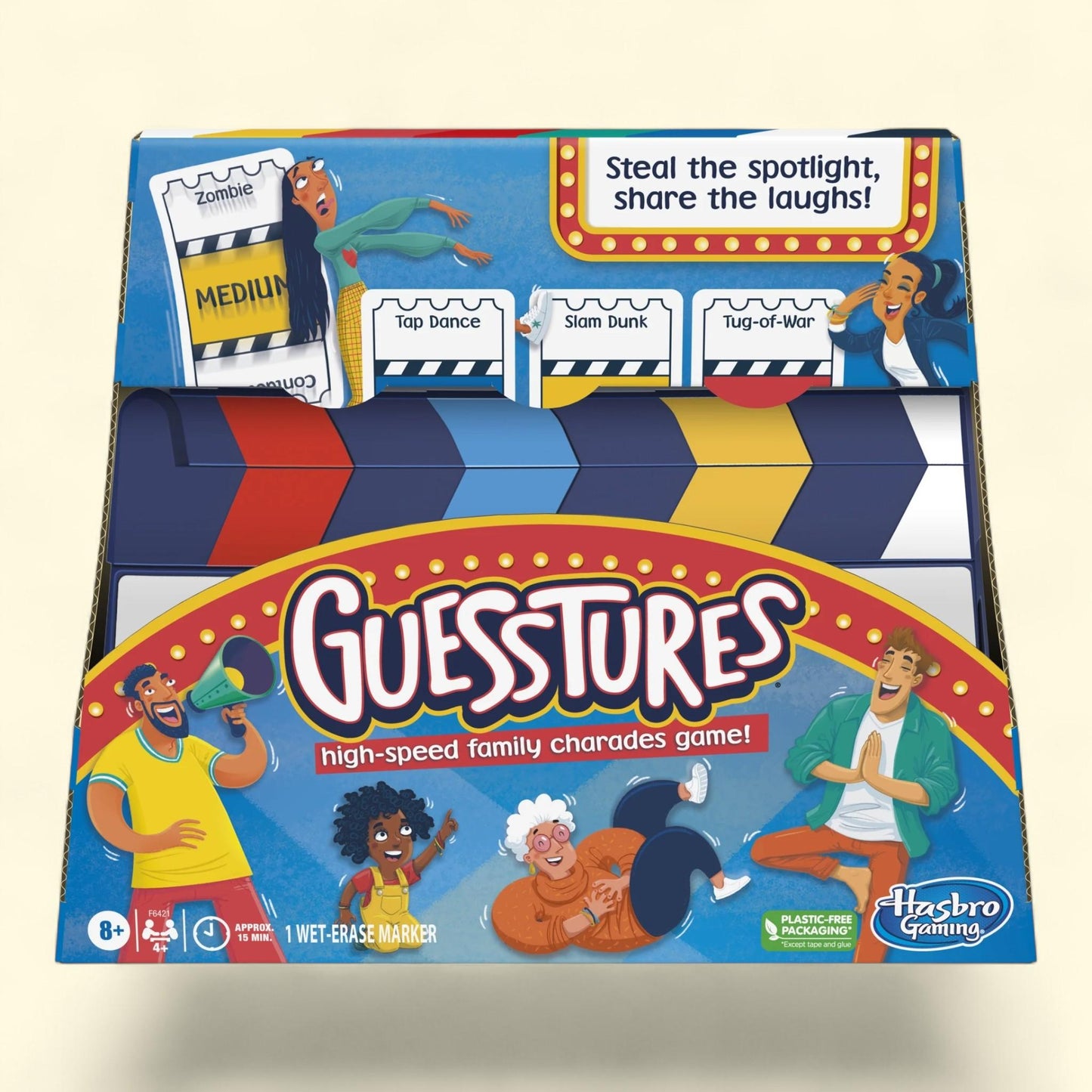 Guesstures Game, Charades Family Party Game for 4+ Players, Includes Customizable Cards and Clapper