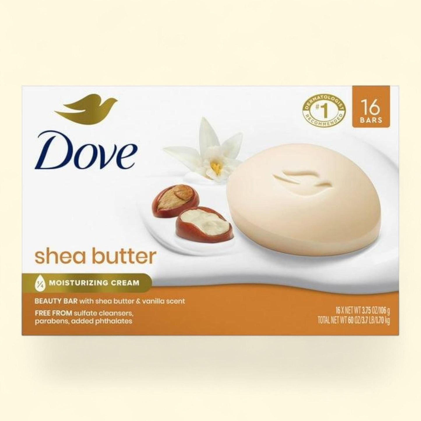 Savon en barre Dove, beurre de karité et vanille, 106 g, lot de 16