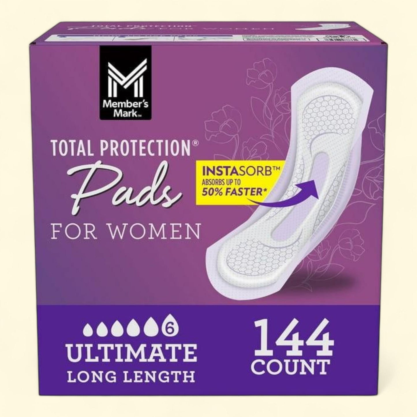 Member's Mark Total Protection Pads, Ultimate Long, 144 ct.