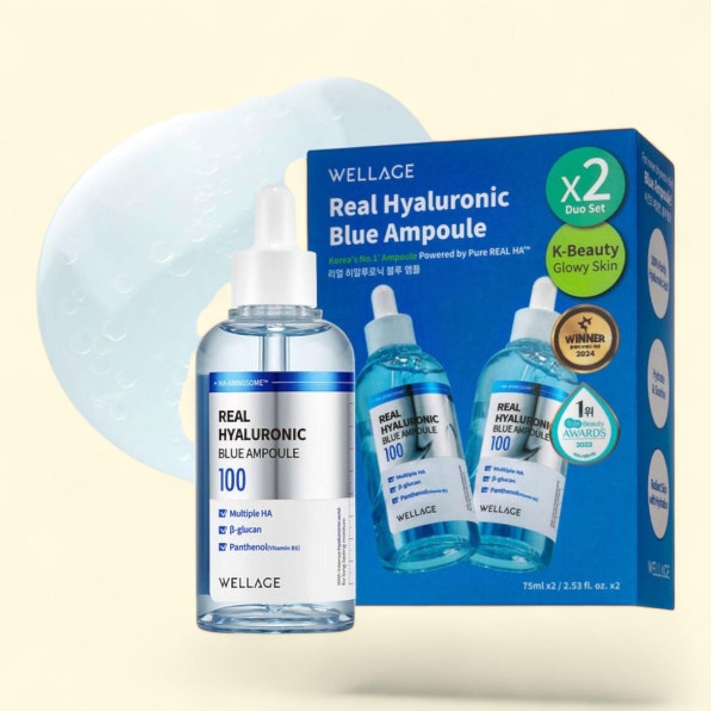 WELLAGE Real Hyaluronic Blue Ampoule, 2.53 fl oz, 2-pack