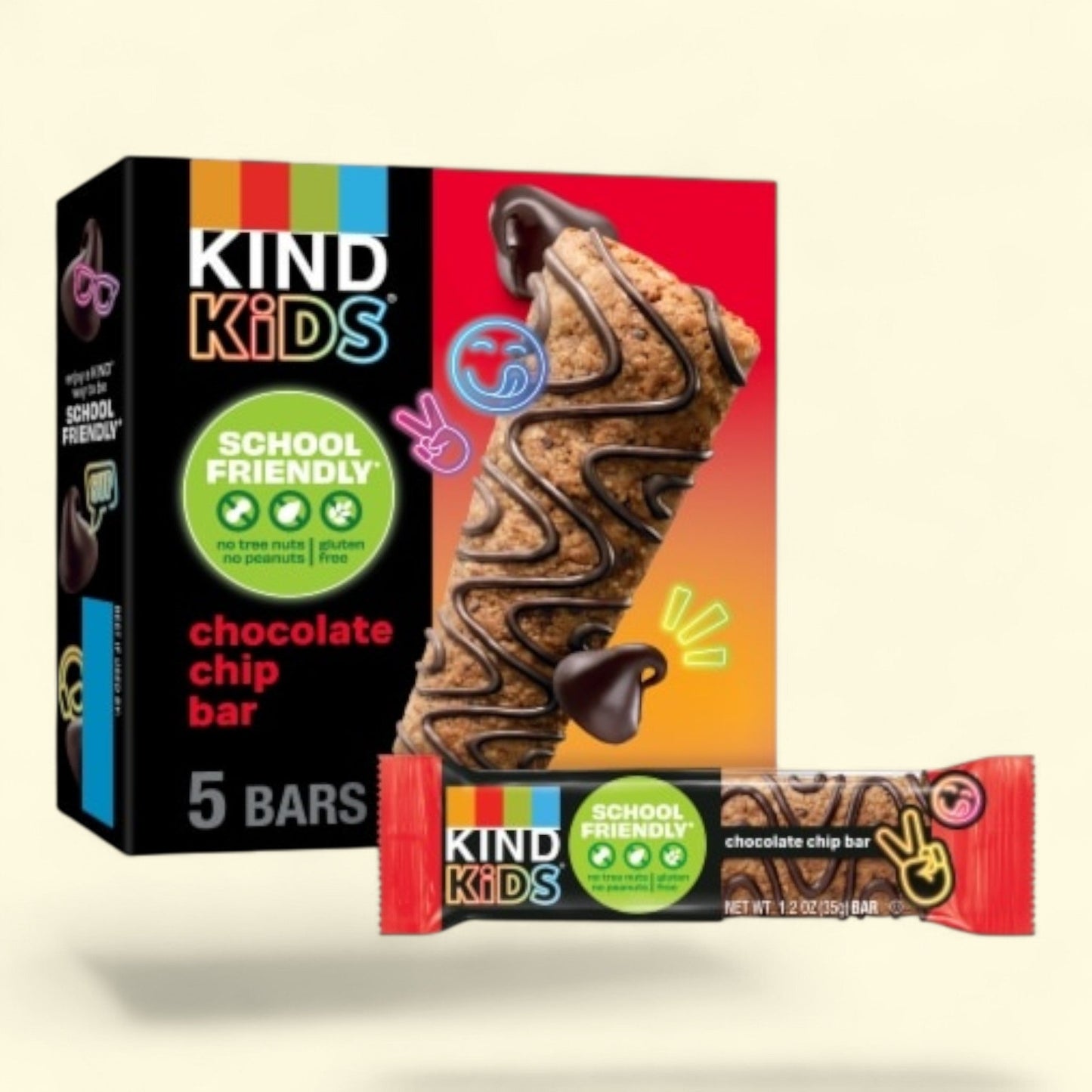 Kind Kids chocolate chip bar packaging with a single bar in front on a light beige background