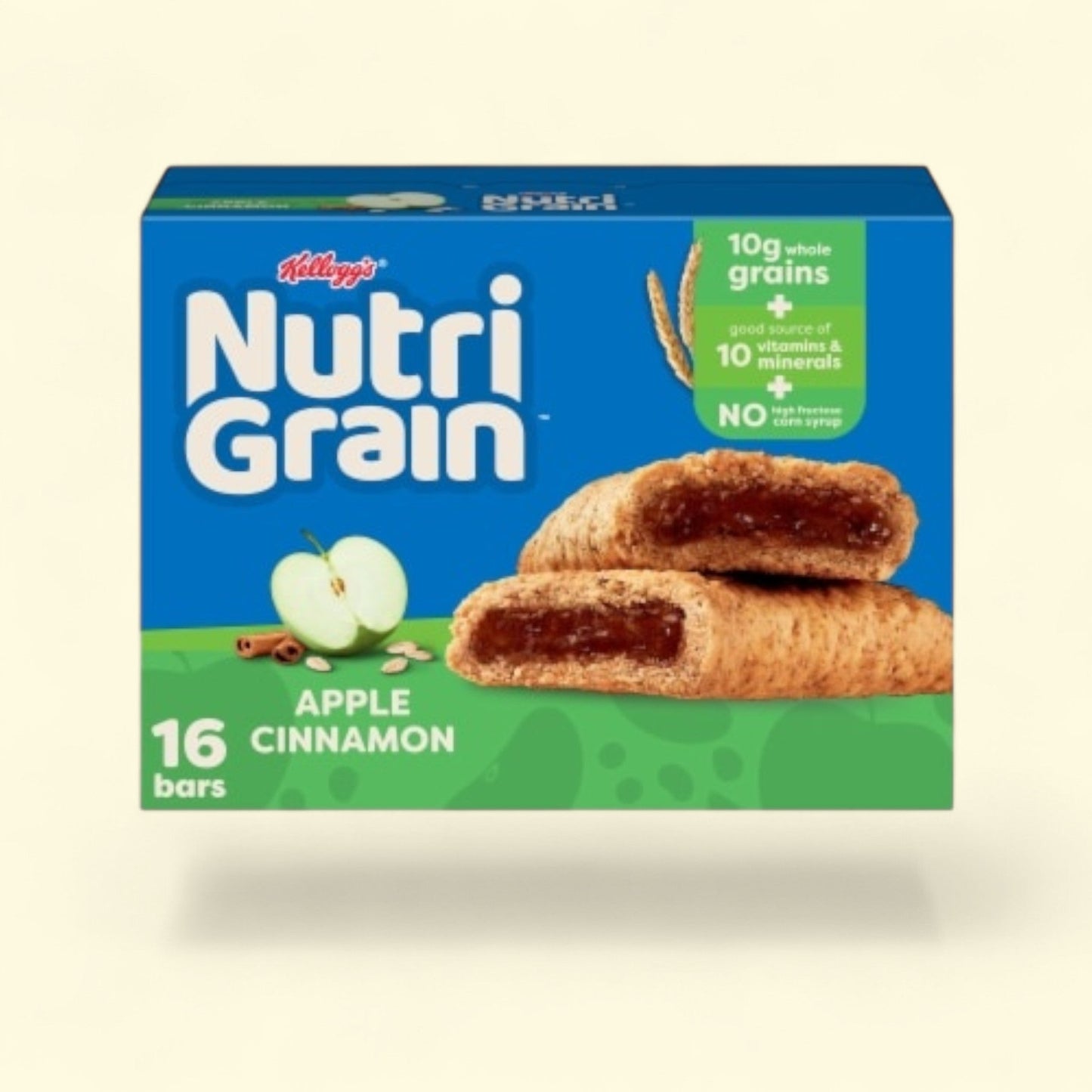 Box of Kellogg's Nutri-Grain Apple Cinnamon bars on a beige background