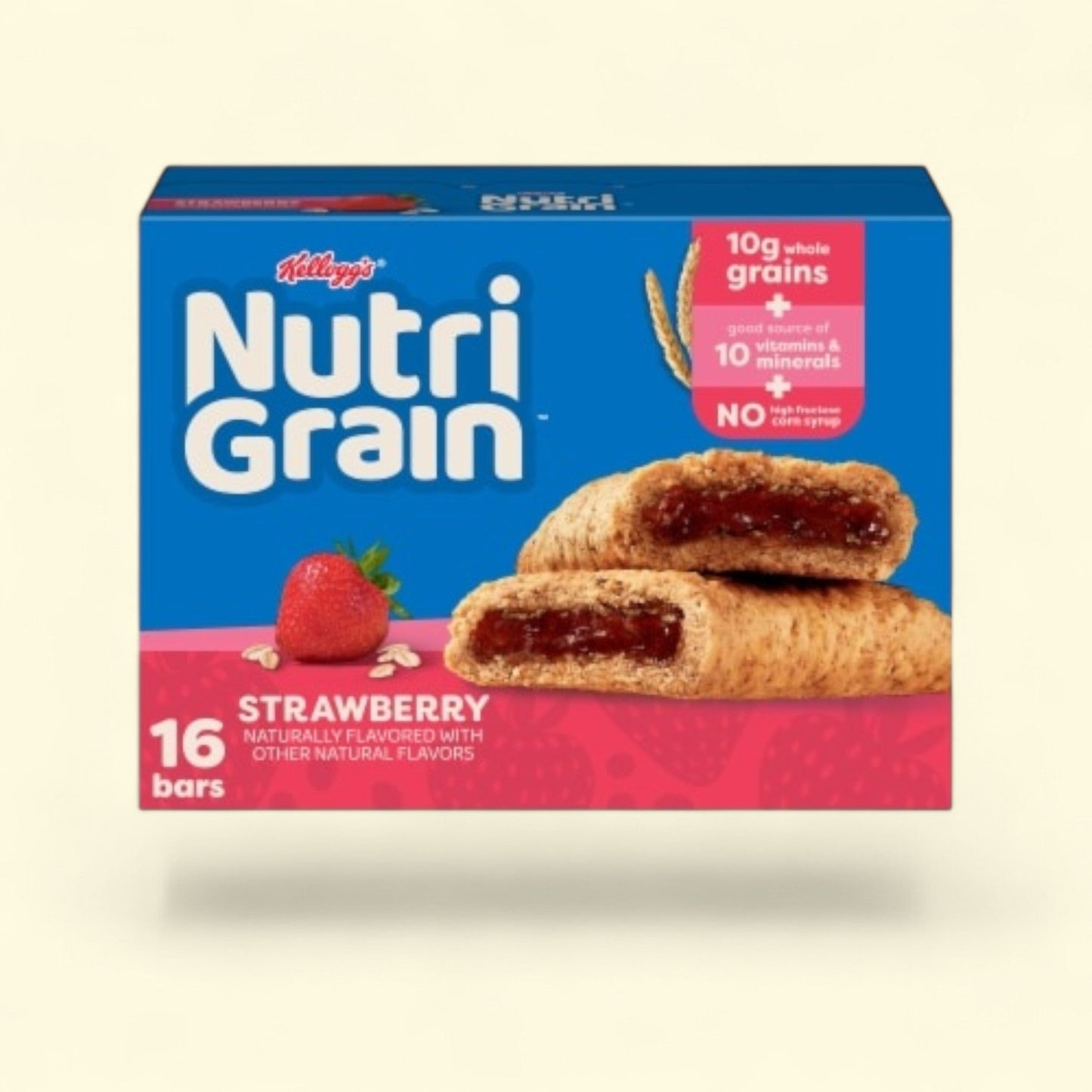 Box of Kellogg's Nutri-Grain Strawberry bars on a beige background