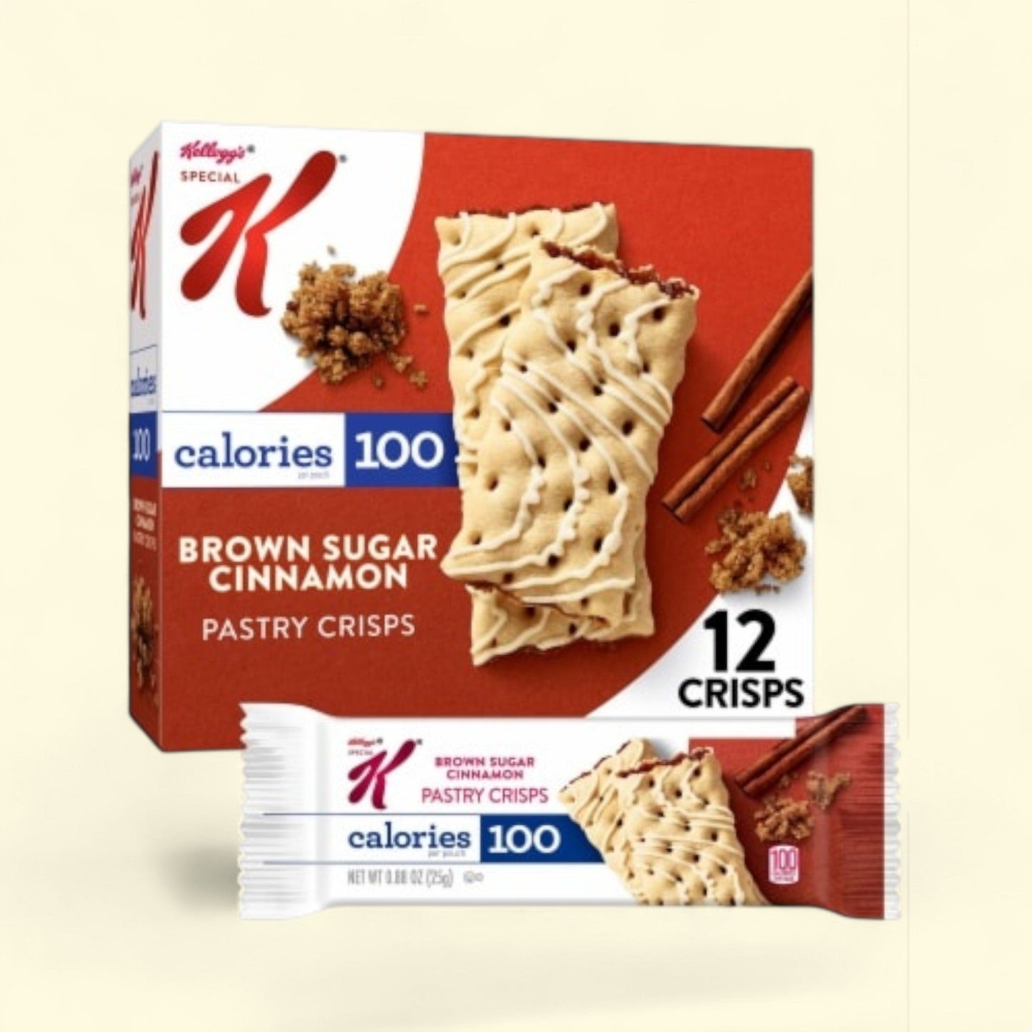 Box of Kellogg's Brown Sugar Cinnamon Pastry Crisps with a smaller package in front on a beige background