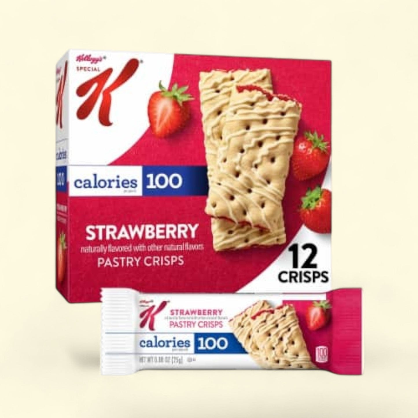 Kellogg's Strawberry Pastry Crisps packaging with a red background and strawberries.