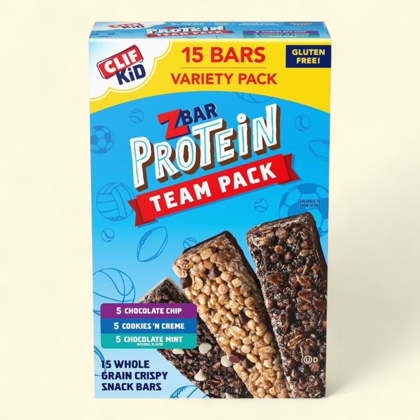 Box of Clif Kid ZBar Protein Team Pack on a beige background