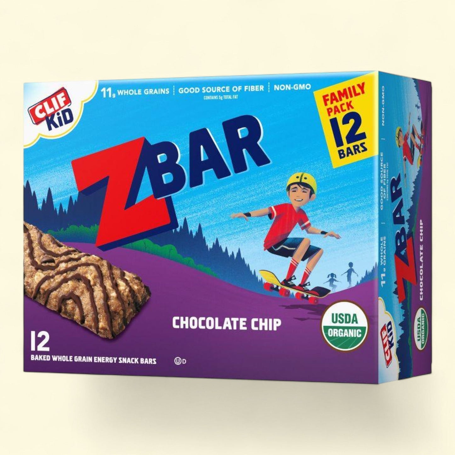 Box of Clif Kid Z Bar chocolate chip energy snack bars on a beige background