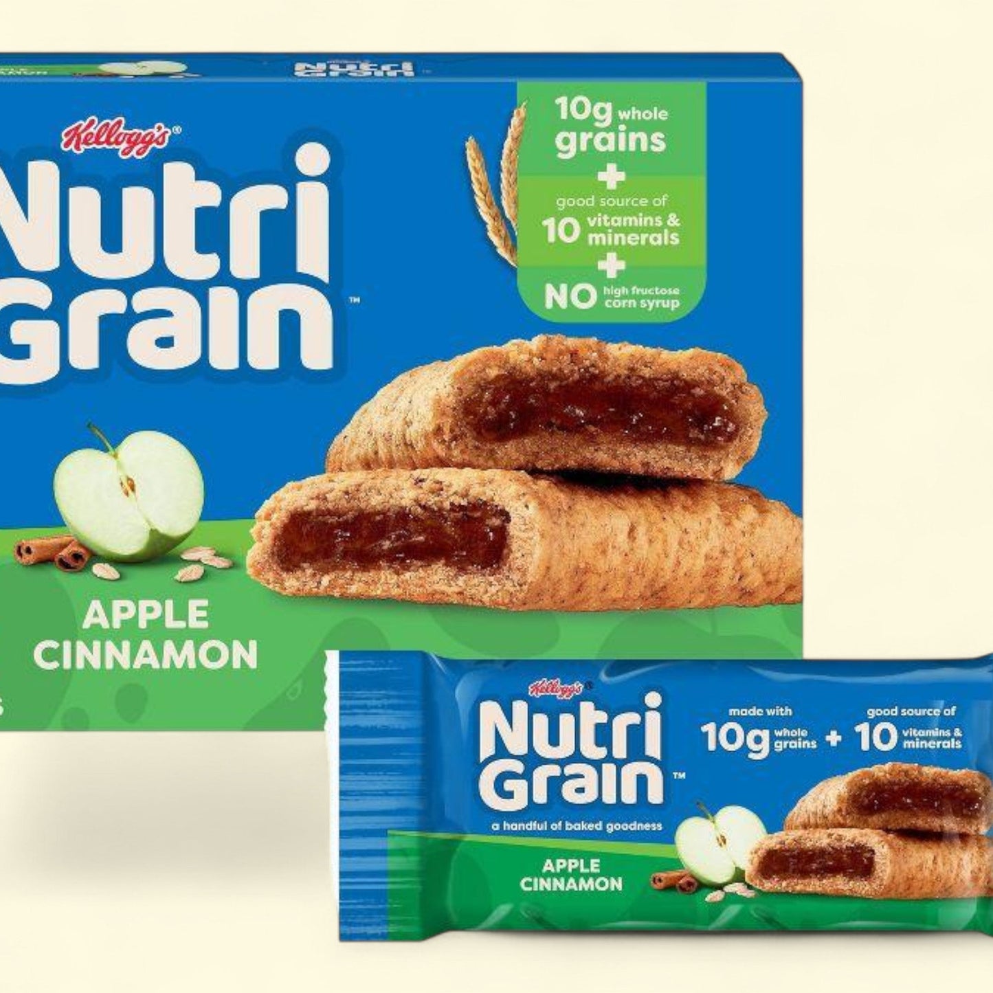 Kellogg's Nutri-Grain Apple Cinnamon cereal box and package on a white background