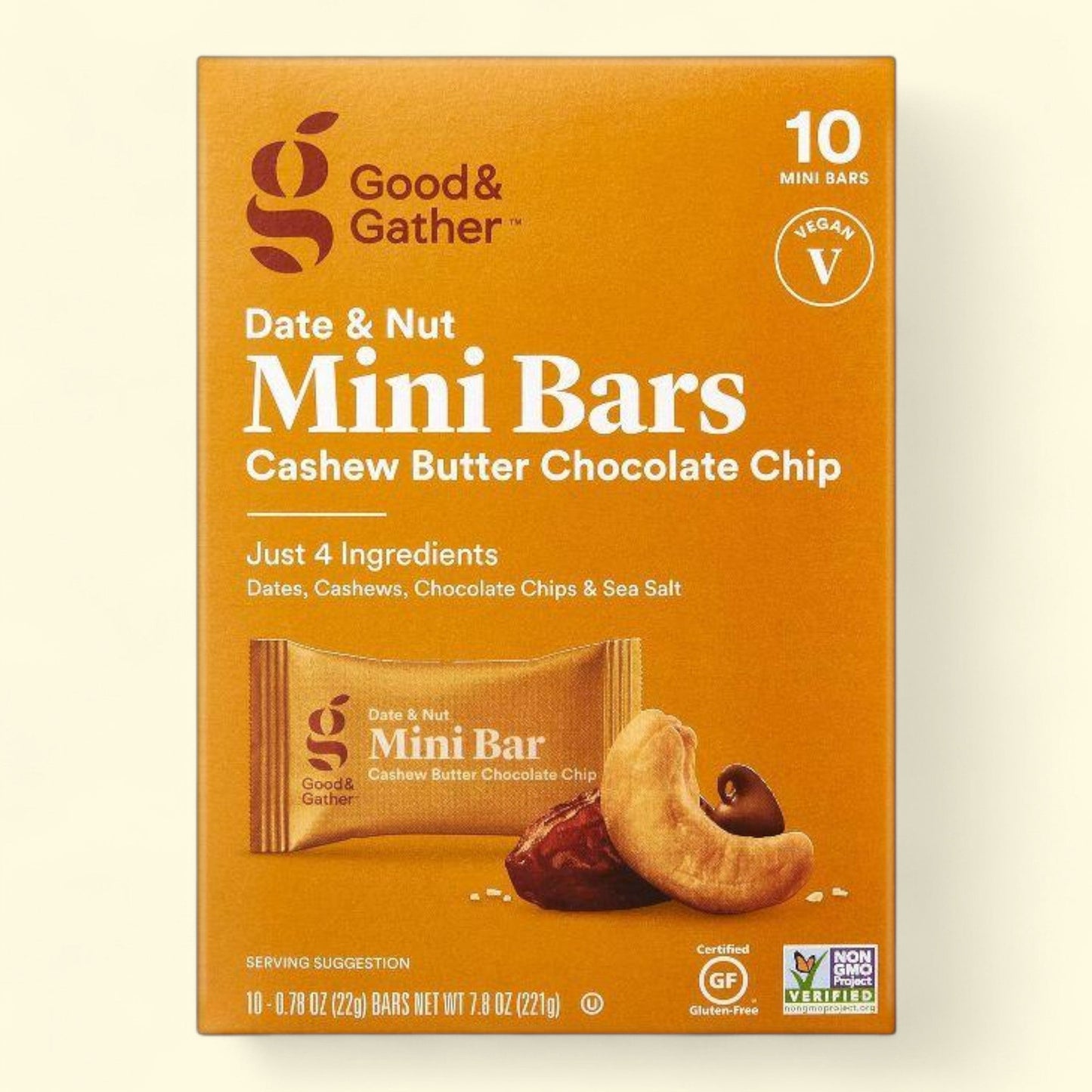 Box of Good & Gather Date & Nut Mini Bars with cashew and chocolate chip on an orange background