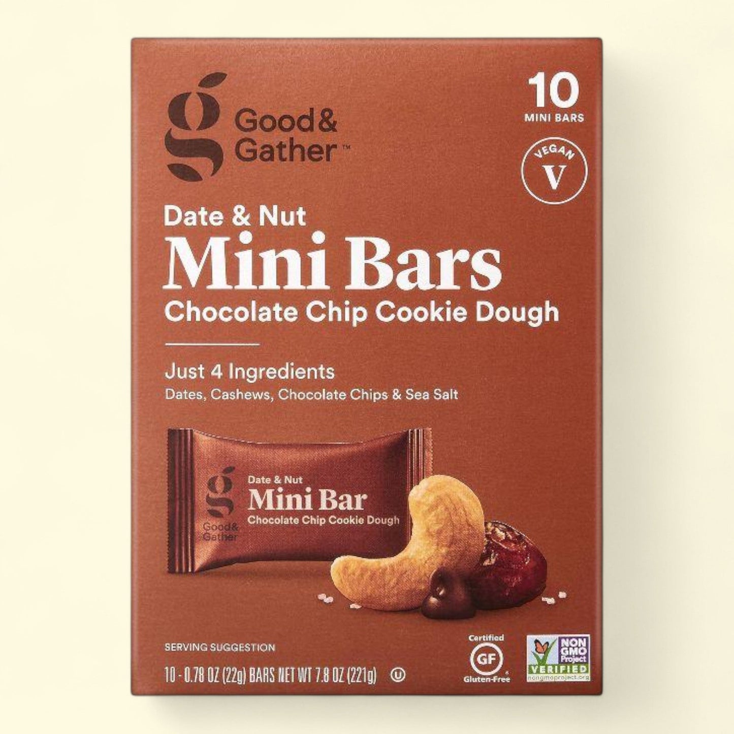 Box of Good & Gather Date & Nut Mini Bars on a beige background