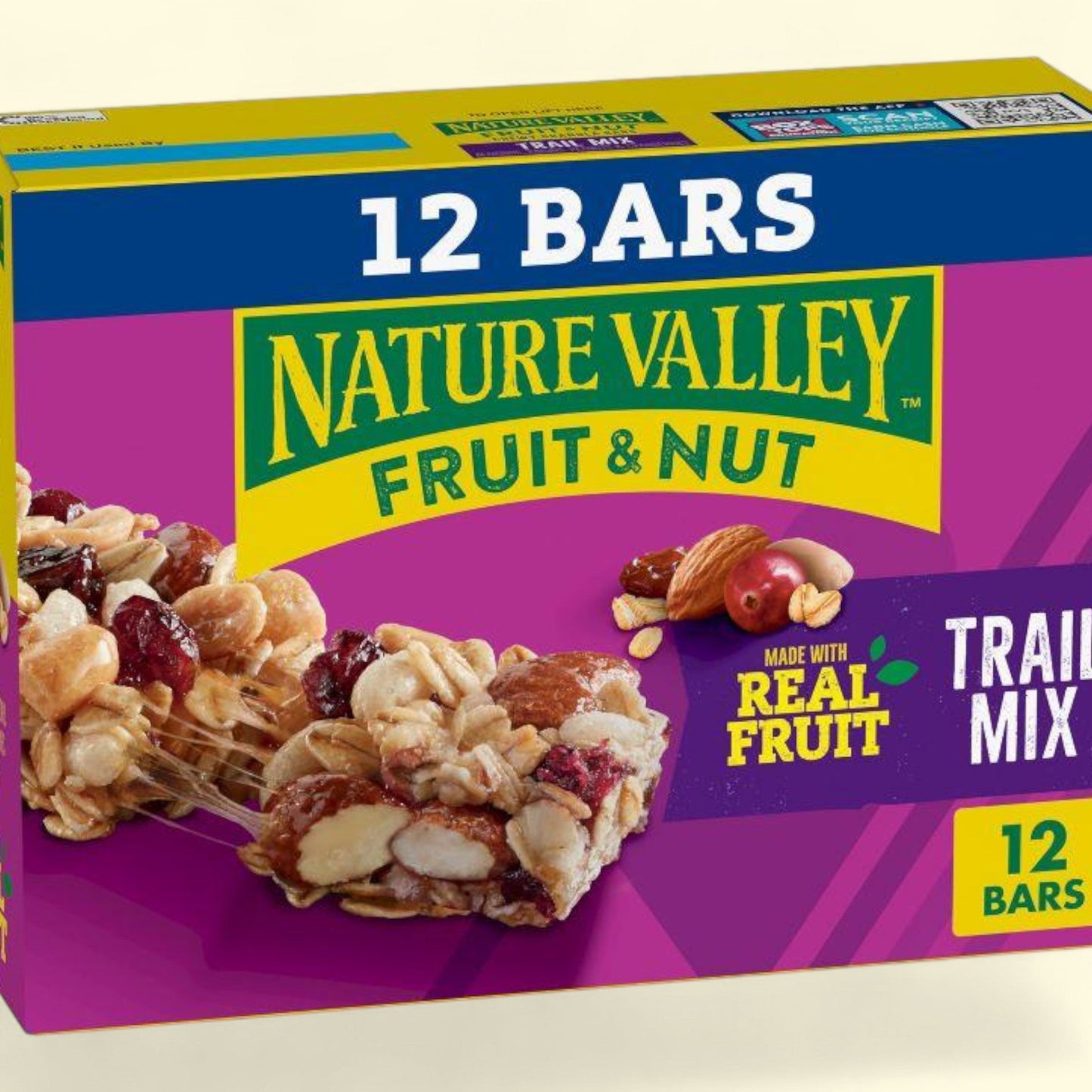 Box of Nature Valley Fruit & Nut Trail Mix bars on a light beige background