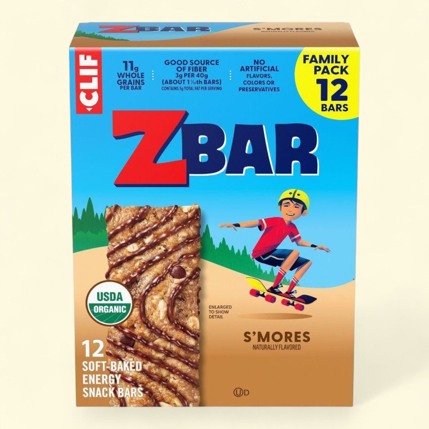 Box of Clif ZBar S'mores energy snack bars with a child on a skateboard illustration.