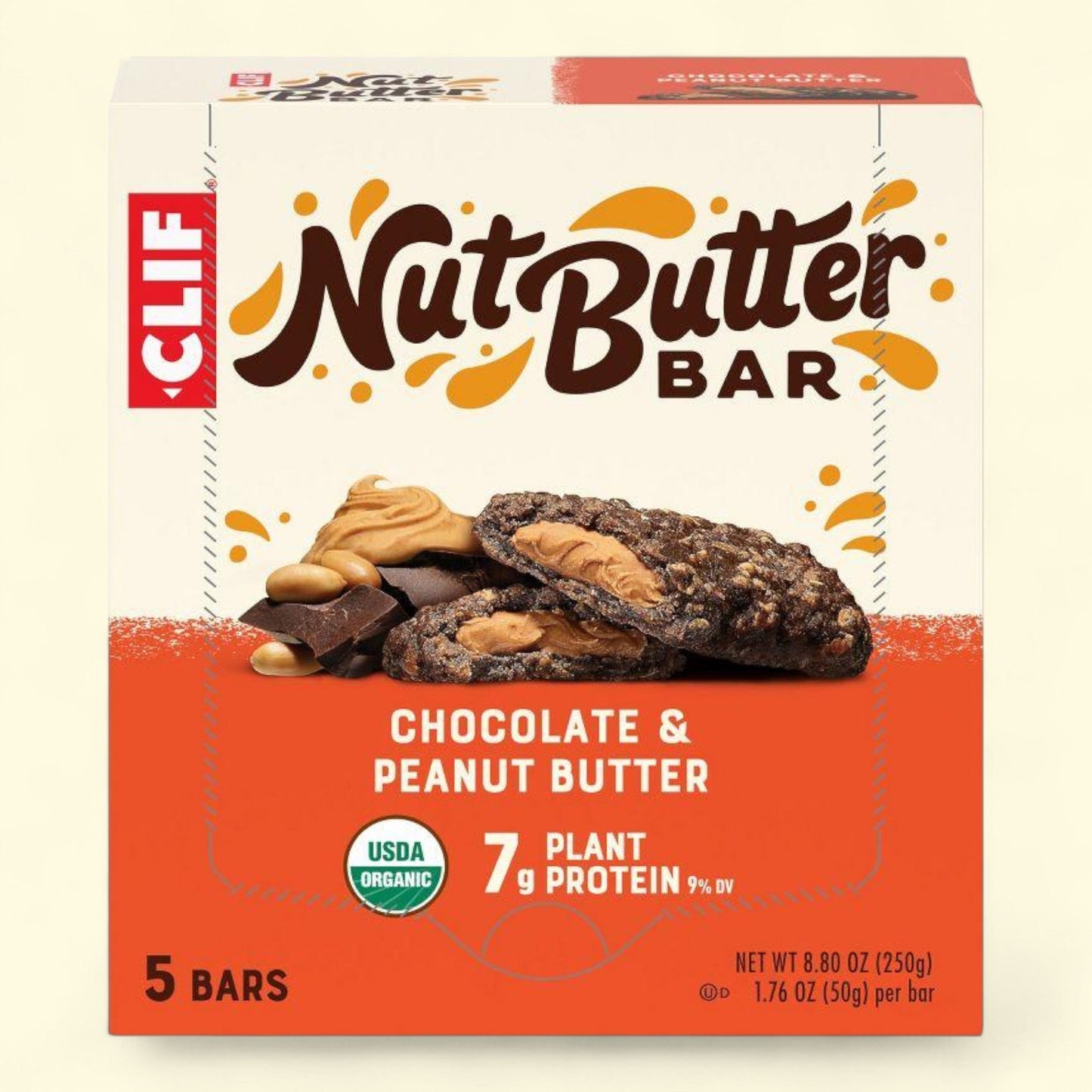Box of Clif Nut Butter Bar with chocolate and peanut butter flavor on a beige background