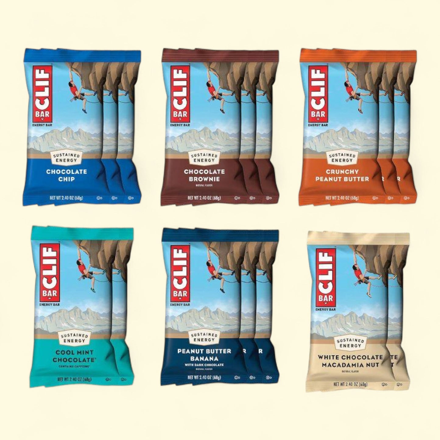 Six CLIF BAR packages in different flavors on a beige background