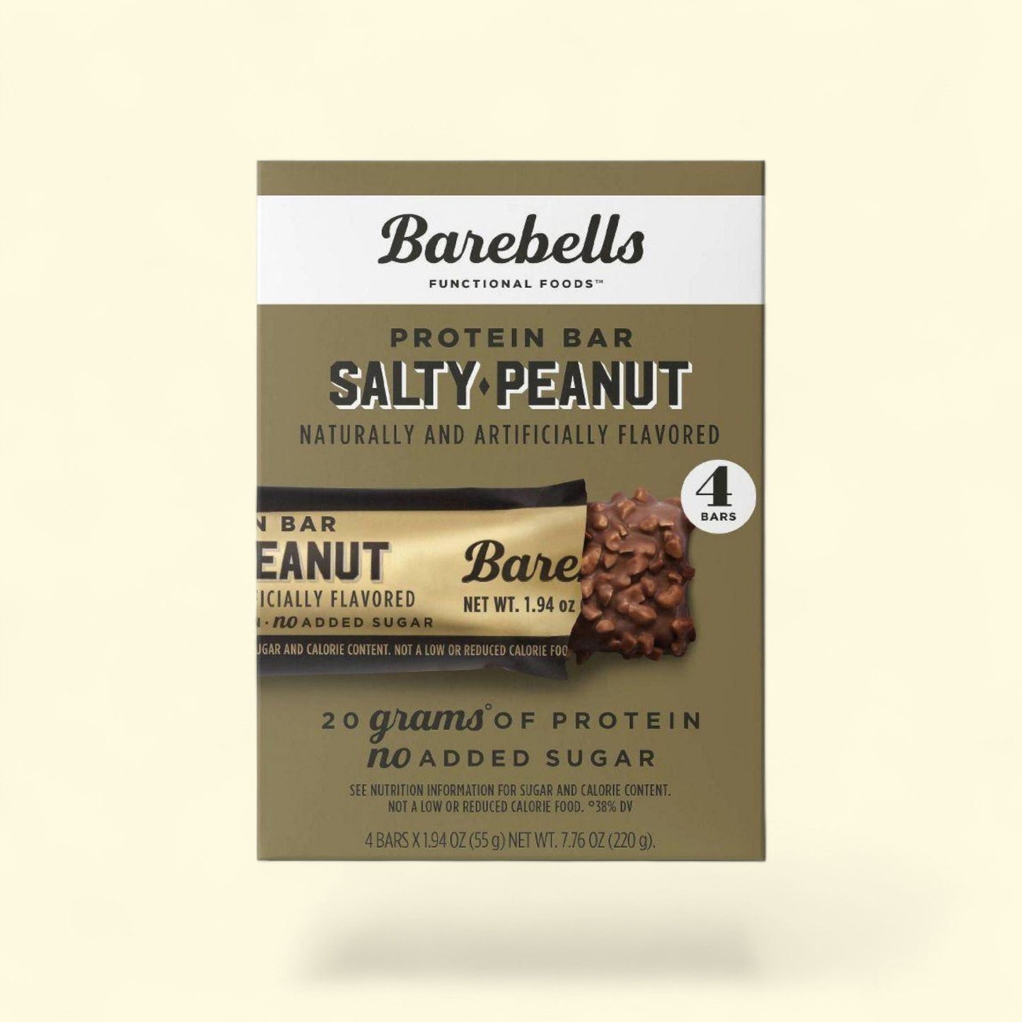 Box of Barebells Salty Peanut protein bars on a beige background
