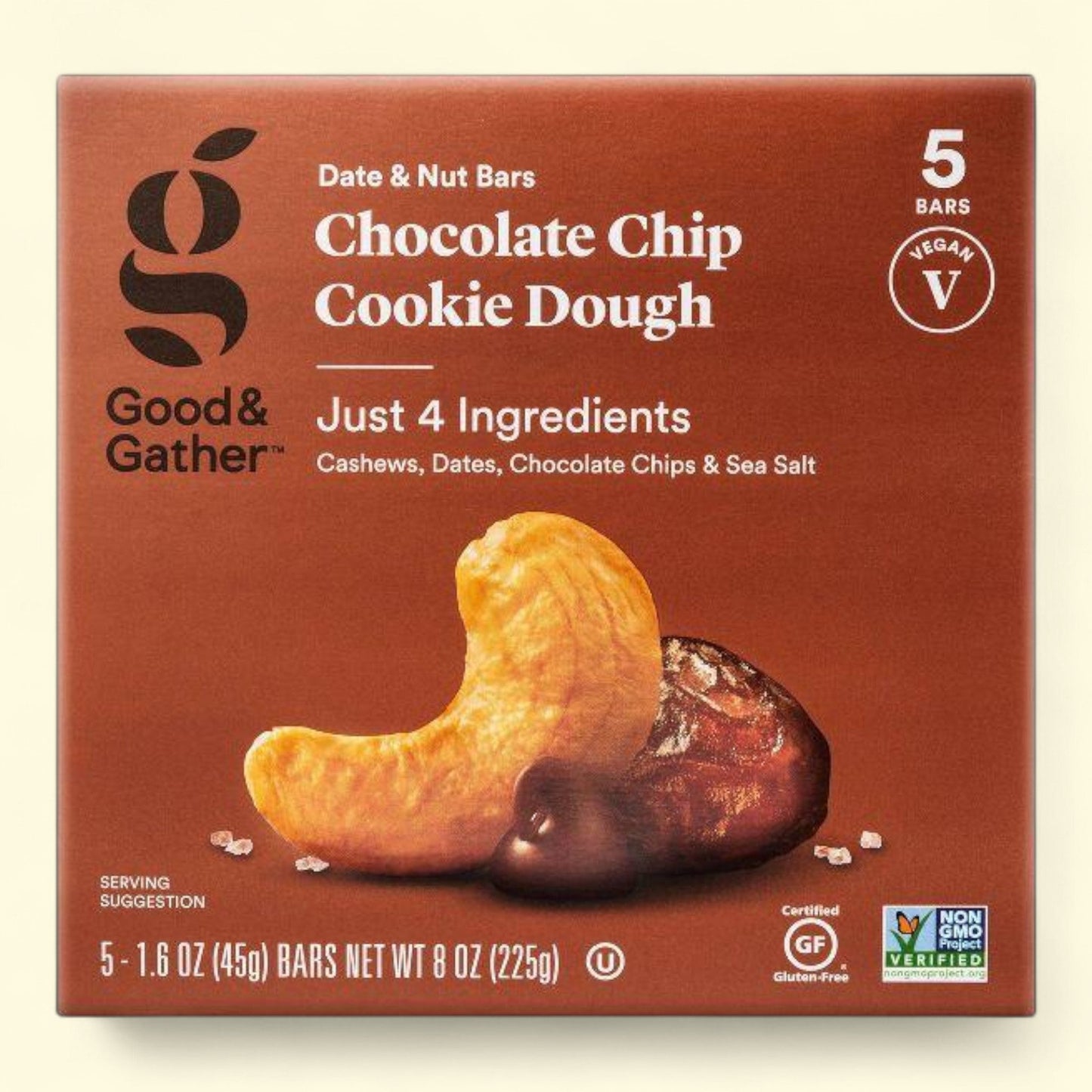 Good & Gather chocolate chip cookie dough date and nut bars packaging on a beige background