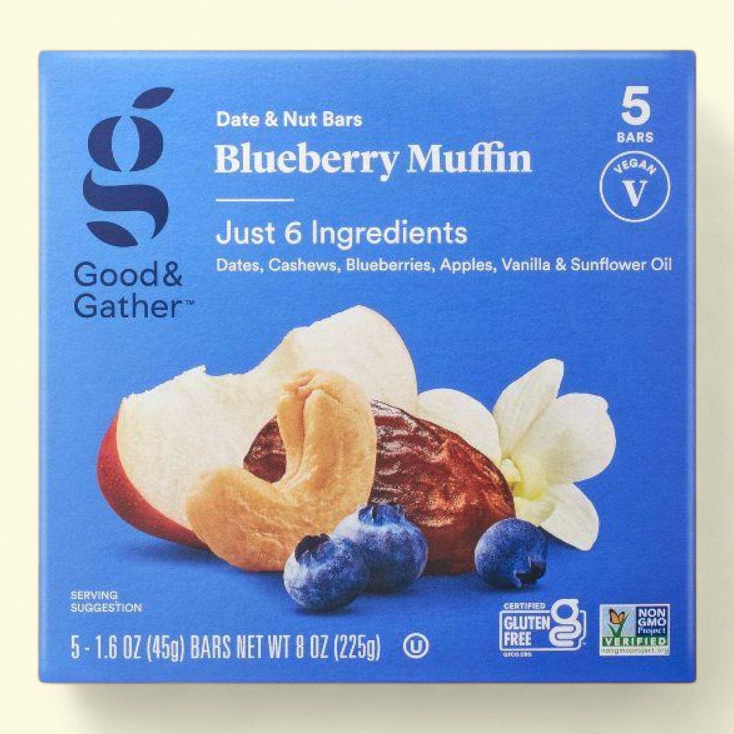 Good & Gather Blueberry Muffin date and nut bars packaging on a beige background
