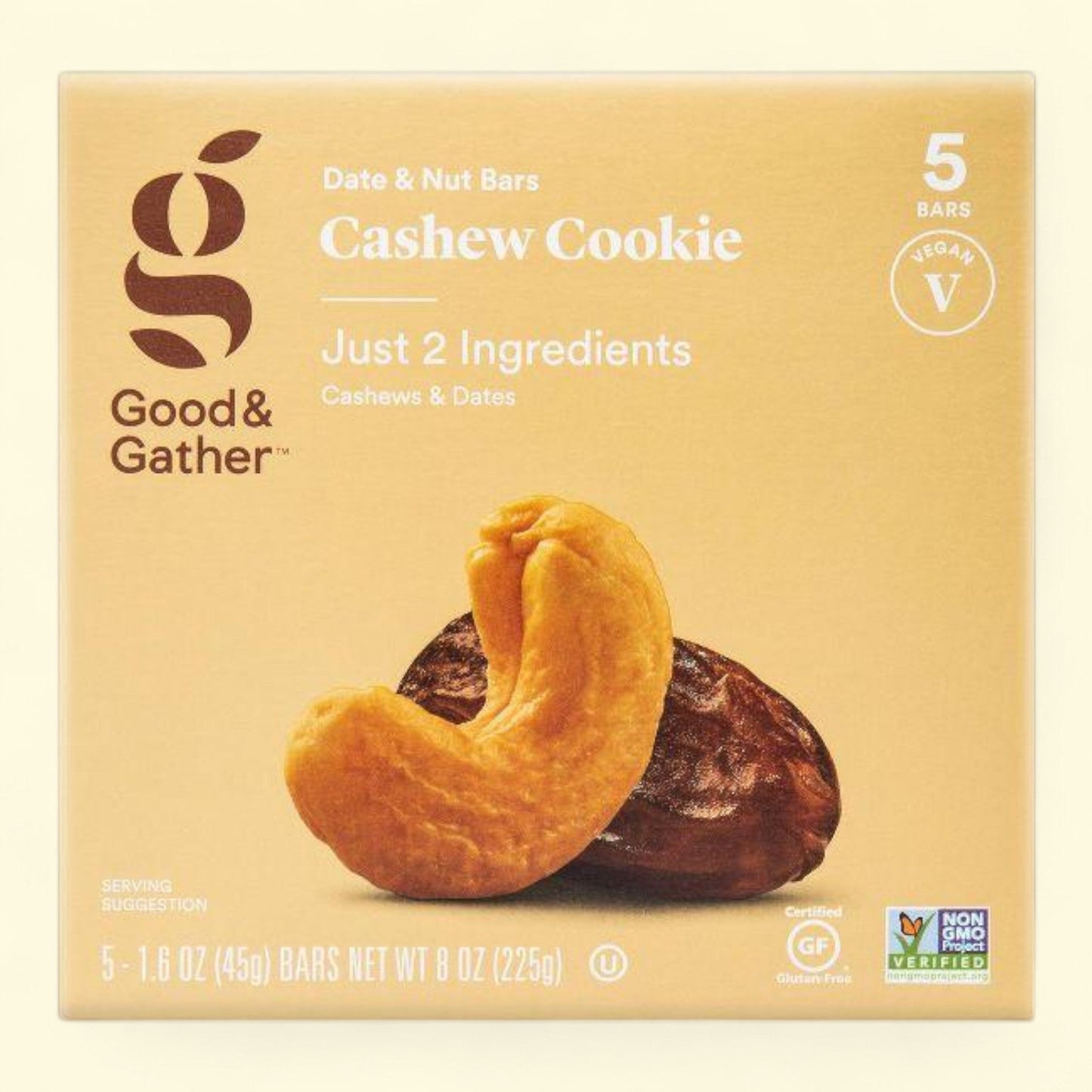Box of Good & Gather Cashew Cookie Date & Nut Bars with cashew and date imagery