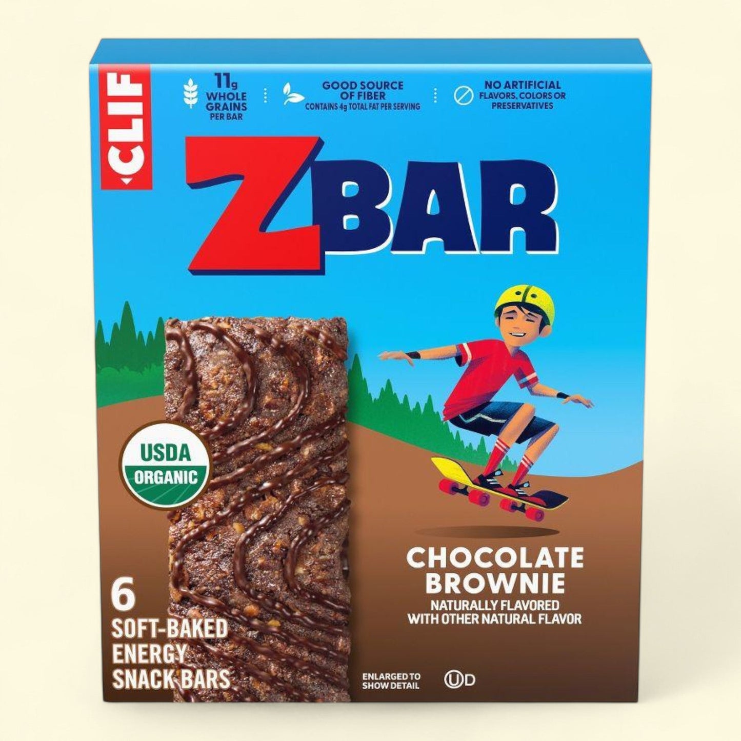 Clif ZBar chocolate brownie energy snack bar packaging with a child on a skateboard illustration.