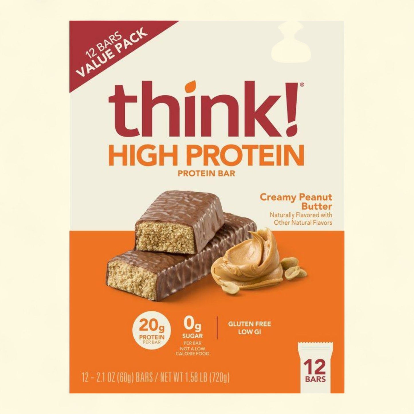 Think! High Protein Creamy Peanut Butter Bars, 12 bars
