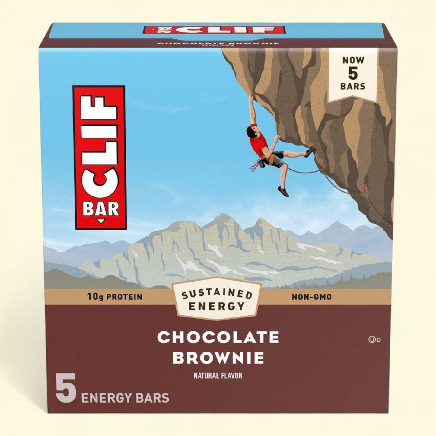 Clif Bar chocolate brownie energy bar packaging with a climber illustration on a mountain background