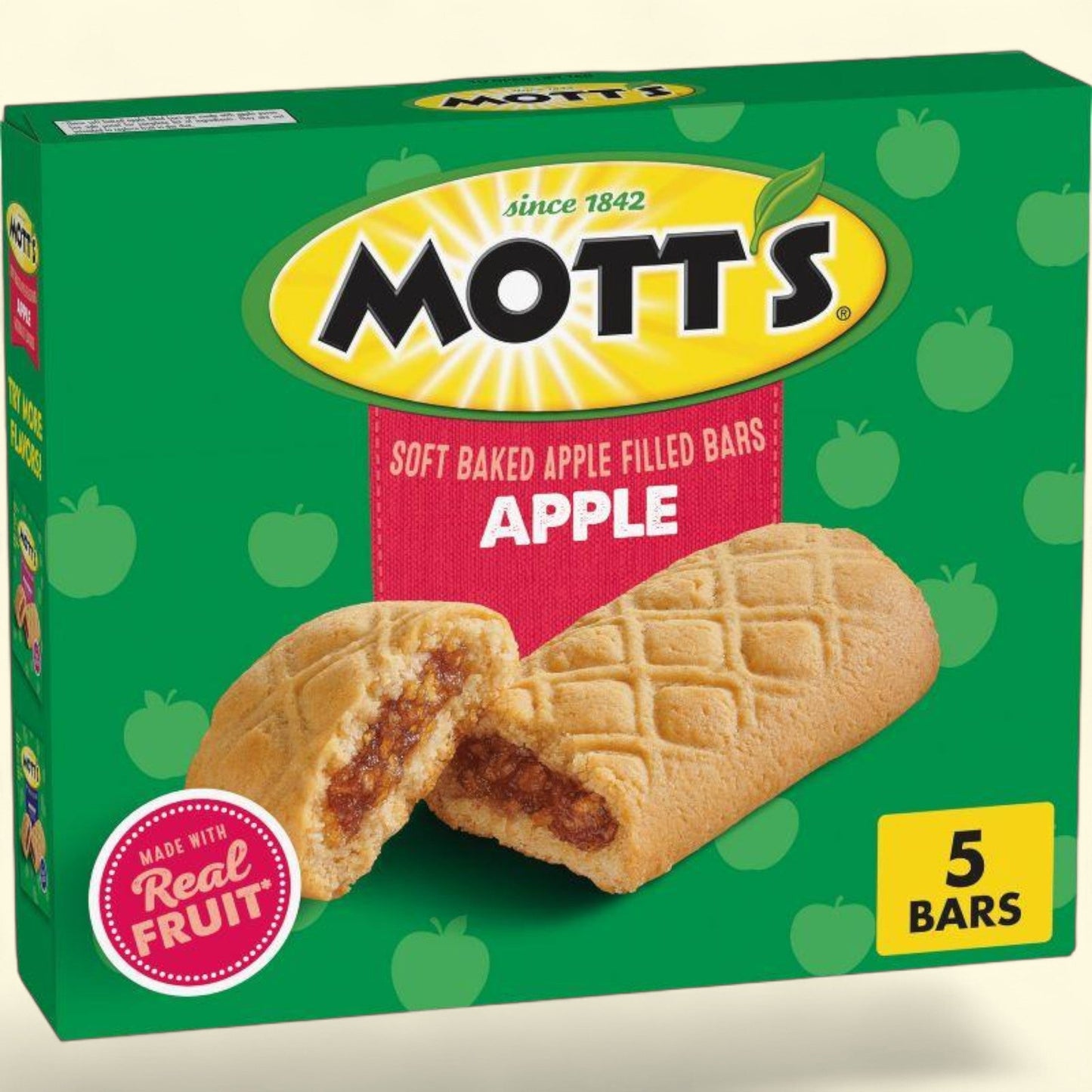 Mott's soft baked apple filled bars packaging with green background and apple design.