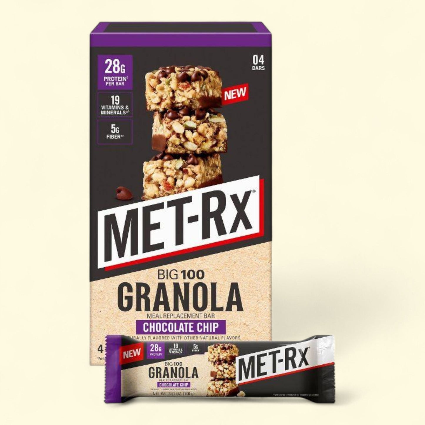 Met-Rx Big 100 Granola Chocolate Chip Protein Meal Replacement Bar, 4ct