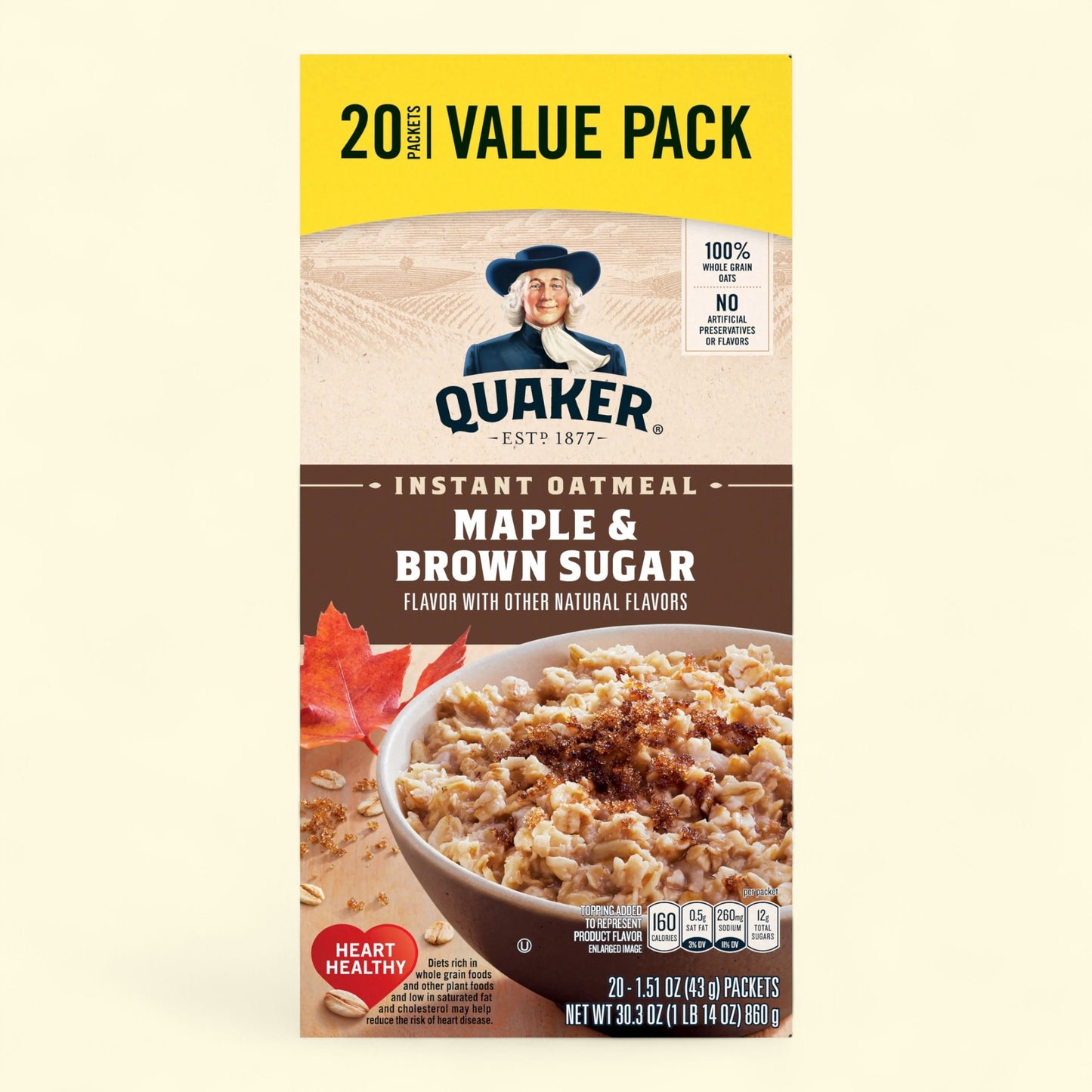 Quaker Instant Oatmeal, Maple & Brown Sugar Flavor, 1.51 oz 20 Packets