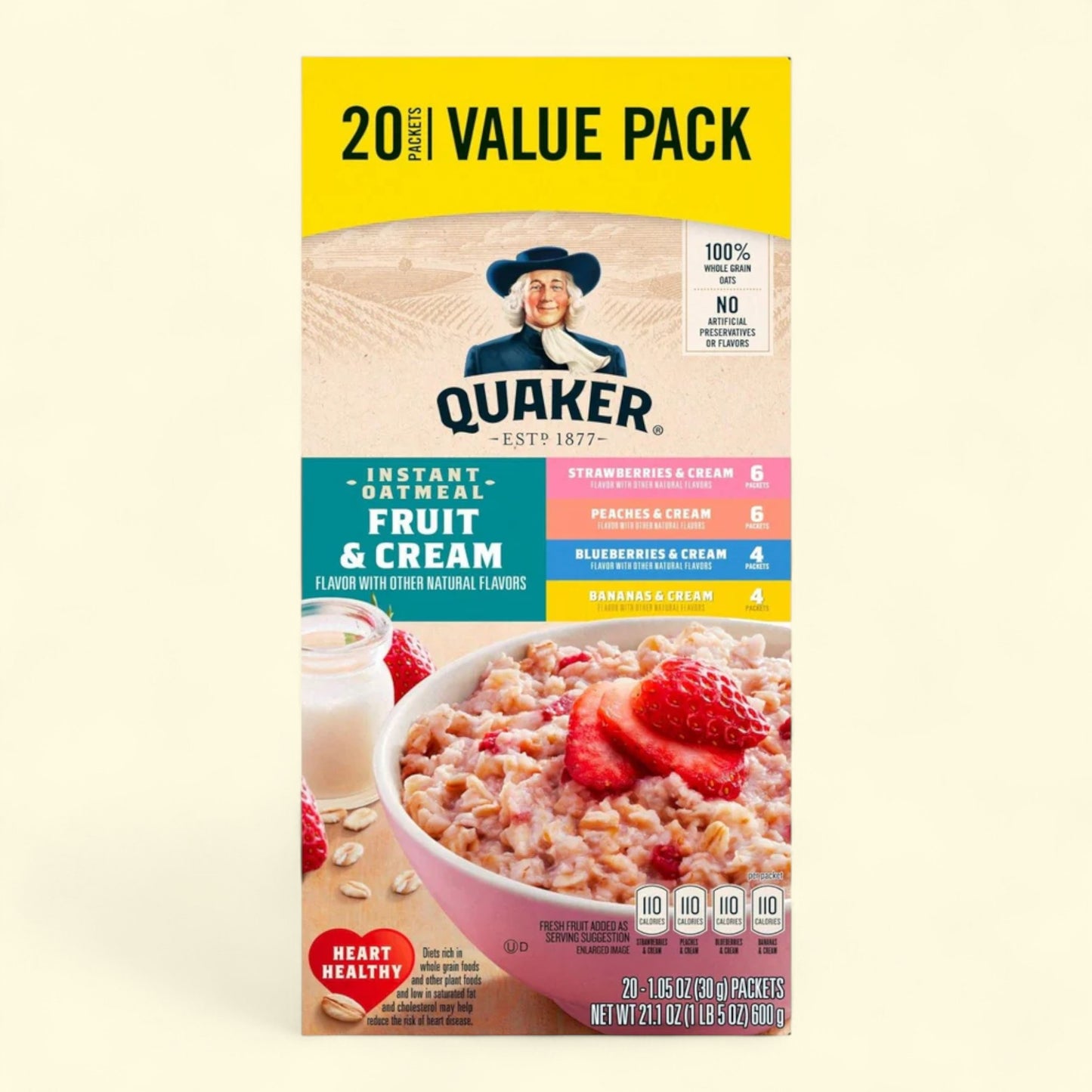Quaker : Assortiment de flocons d'avoine instantanés aux fruits et à la crème, 20 sachets