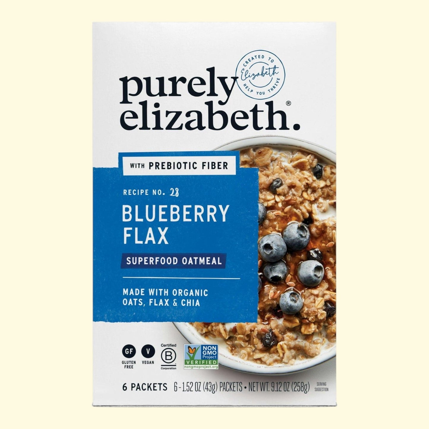 Purely Elizabeth Superfood Flocons d'avoine, myrtilles et graines de lin, 43 g, lot de 6 sachets