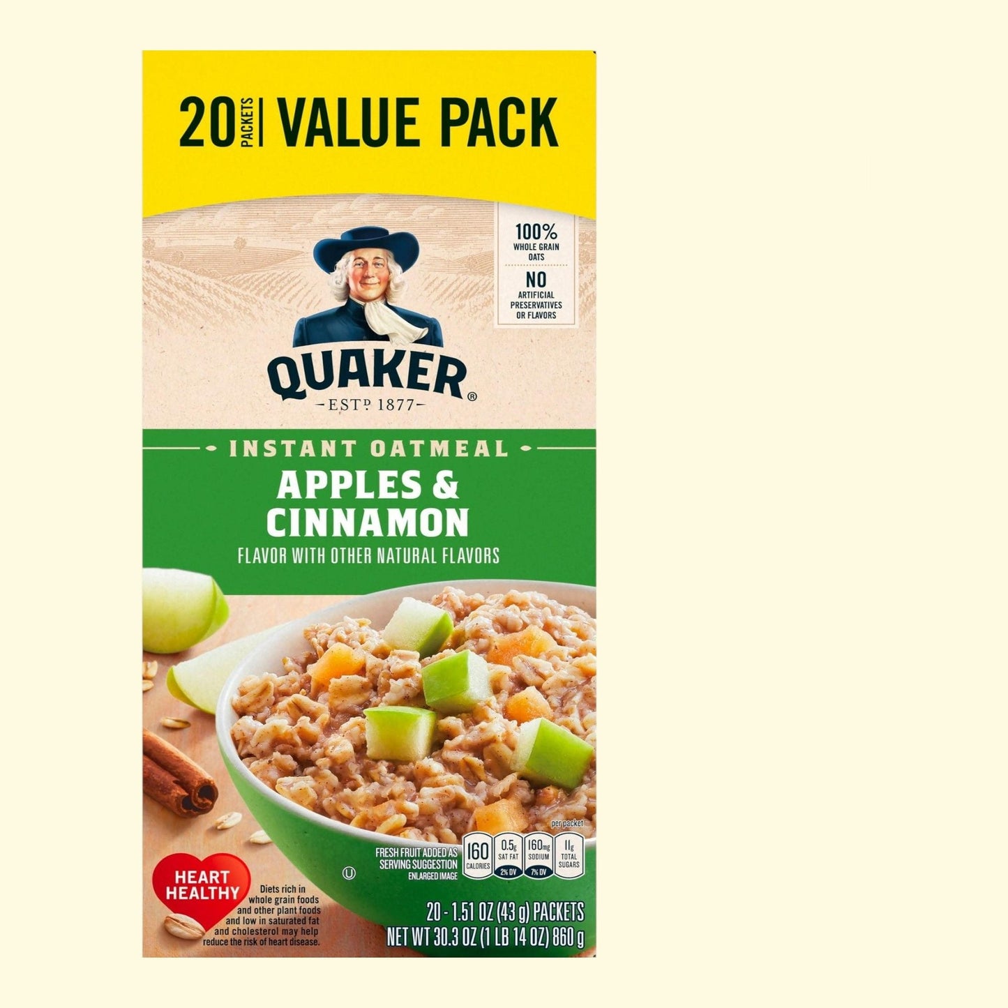 Flocons d'avoine instantanés Quaker, pomme et cannelle, 42 g, paquet de 20 sachets