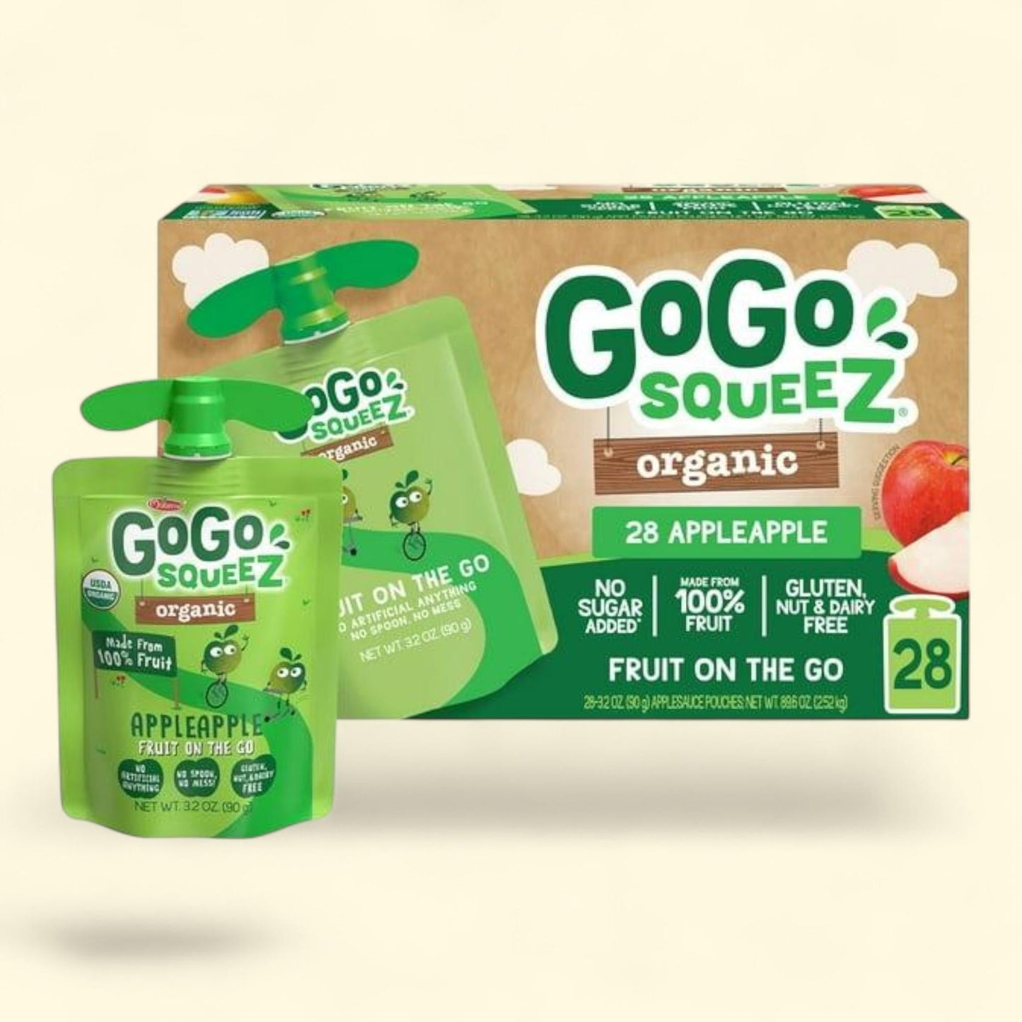 Pochettes de compote de pommes bio GoGo SqueeZ, saveur Pomme-Pomme, 90 g, lot de 28