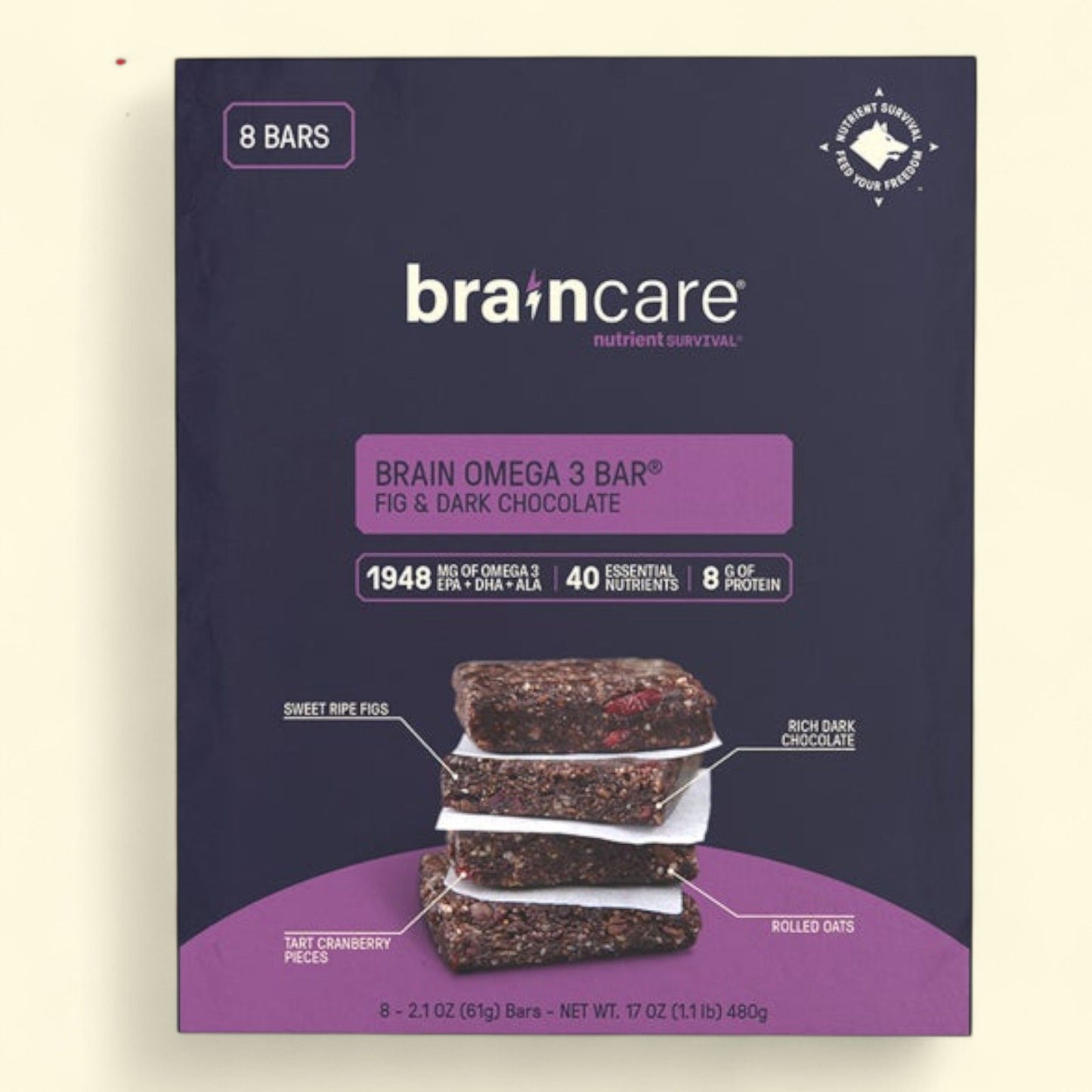BrainCare Brain Omega 3 Bar, Fig & Dark Chocolate, 2.1 oz, 16-count