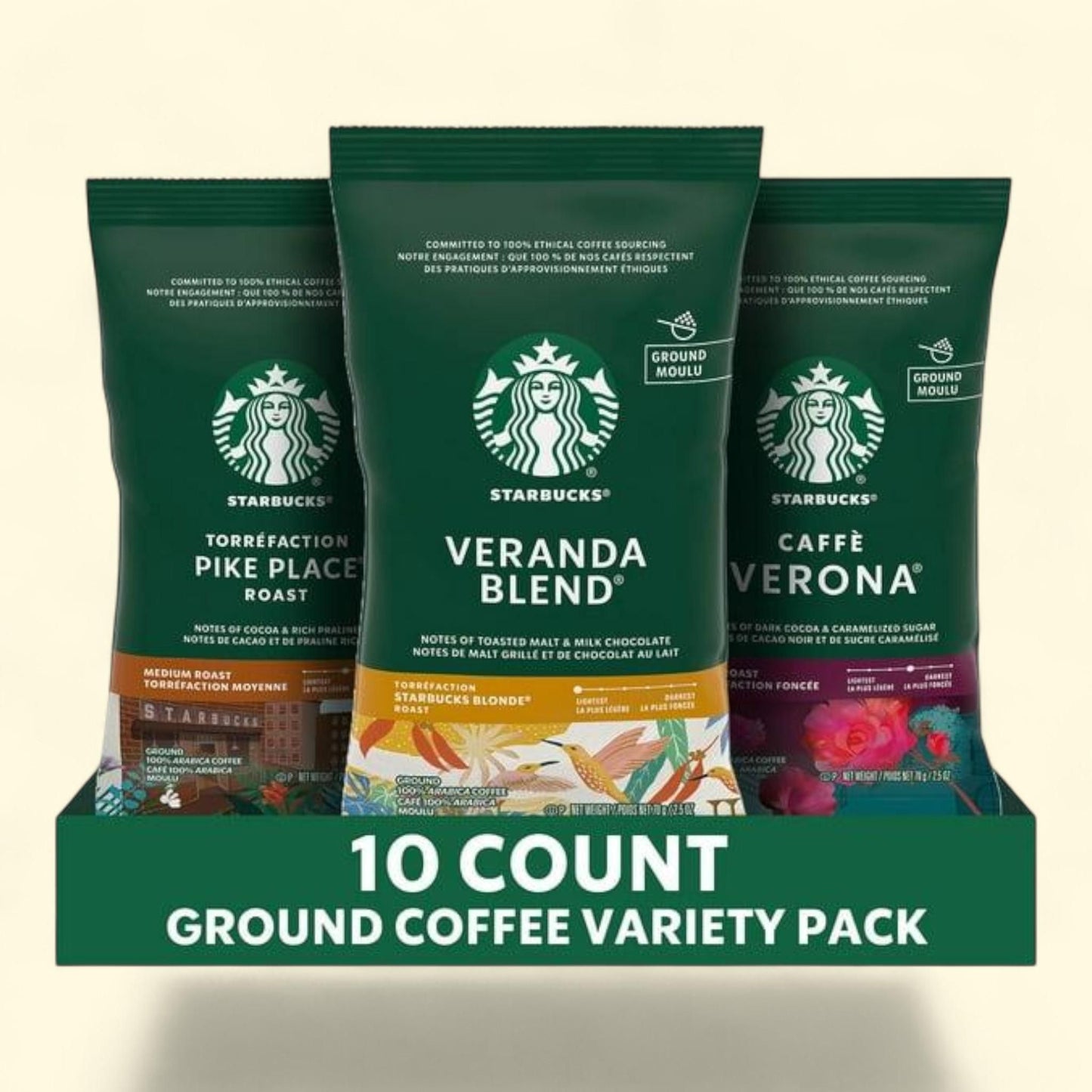 Starbucks Ground Coffee Variety Pack, 2.5 oz., 10 Packets