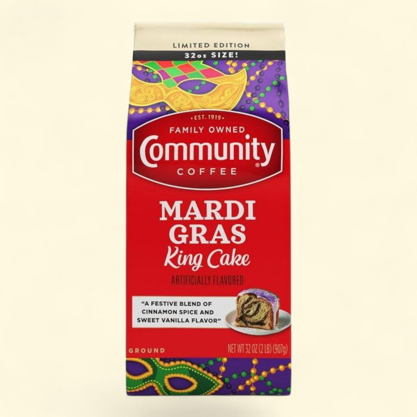 Community Coffee Ground Coffee, Mardi Gras King Cake, 32 oz.