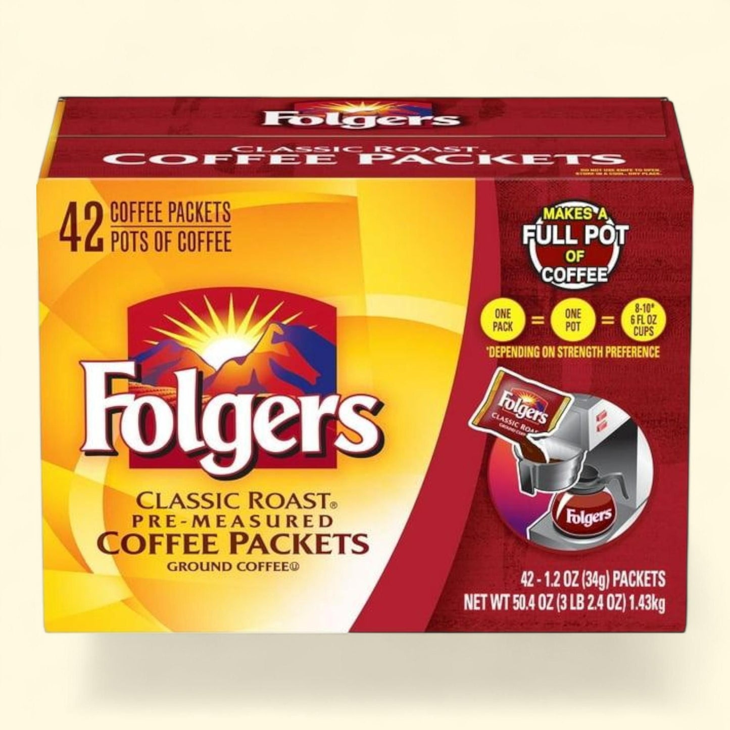 Folgers Classic Roast Ground Coffee Packets, 1.2 oz., 42 ct.
