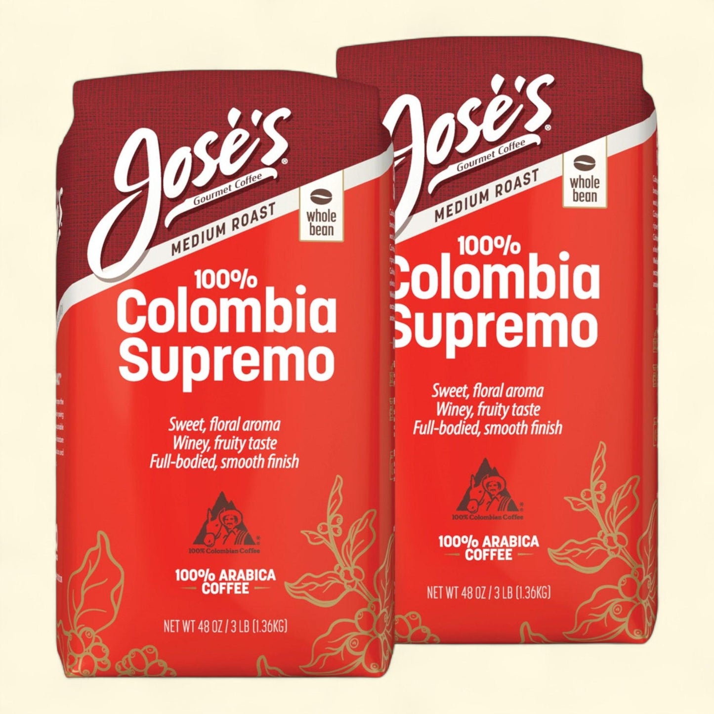 Jose's Colombia Supremo Whole Bean Coffee, Medium, 3lbs, 2-pack