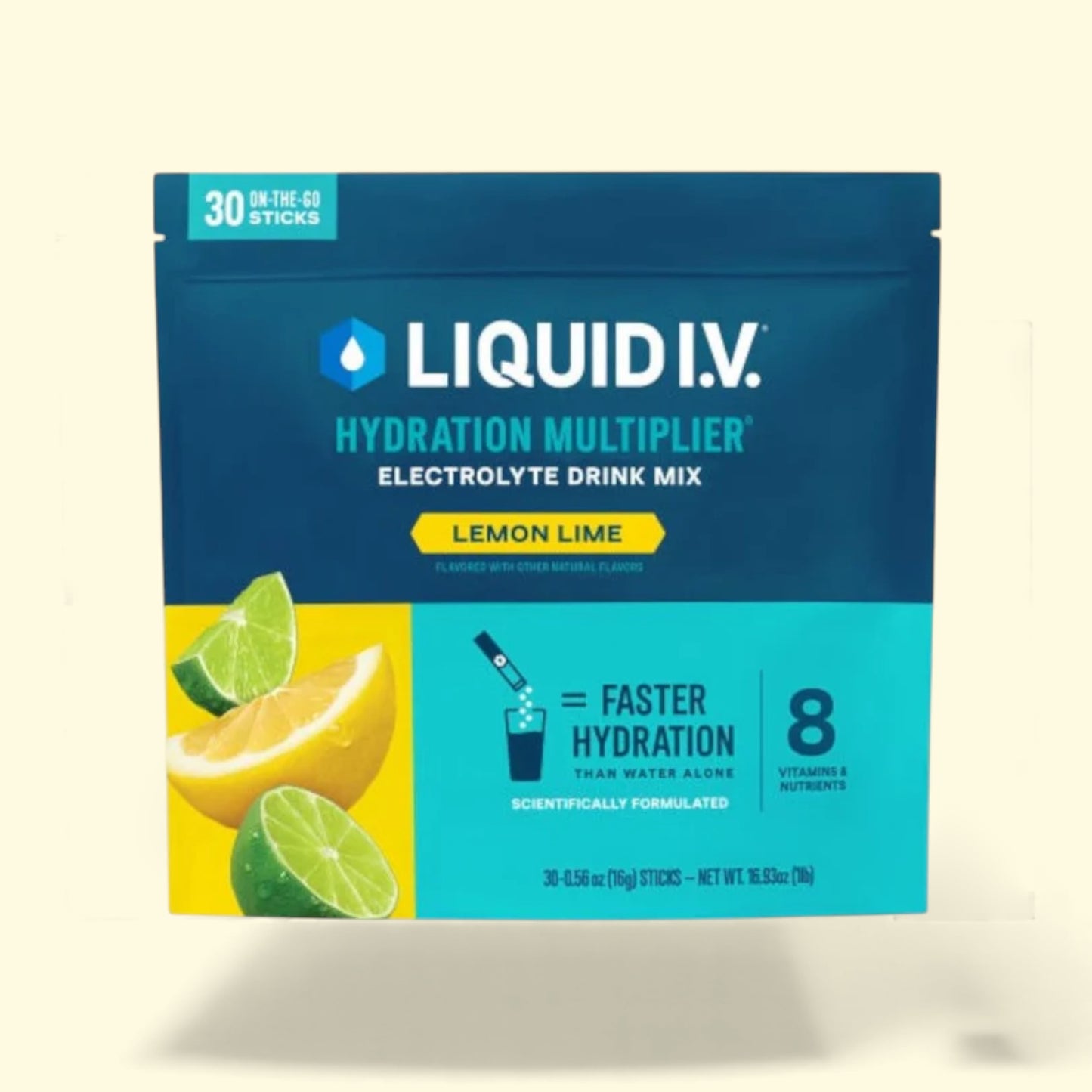 LIQUID I.V. Lemon Lime electrolyte drink mix package on a beige background