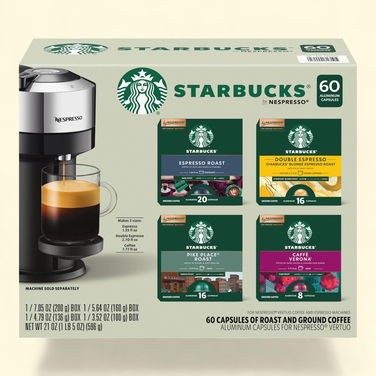 Starbucks Coffee and Espresso Capsules, 60-count, Nespresso Vertuo Machines, 100% Arabica Coffee