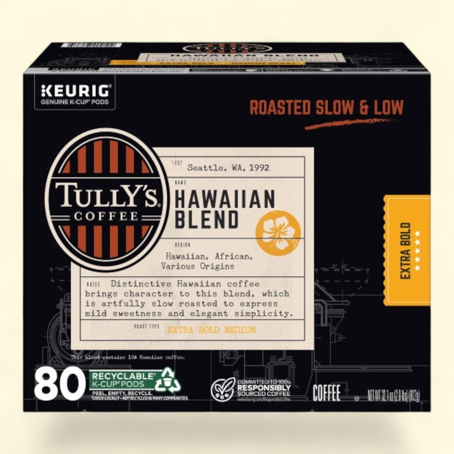 Tully's Coffee Hawaiian Blend K-Cups Pods, 80 count