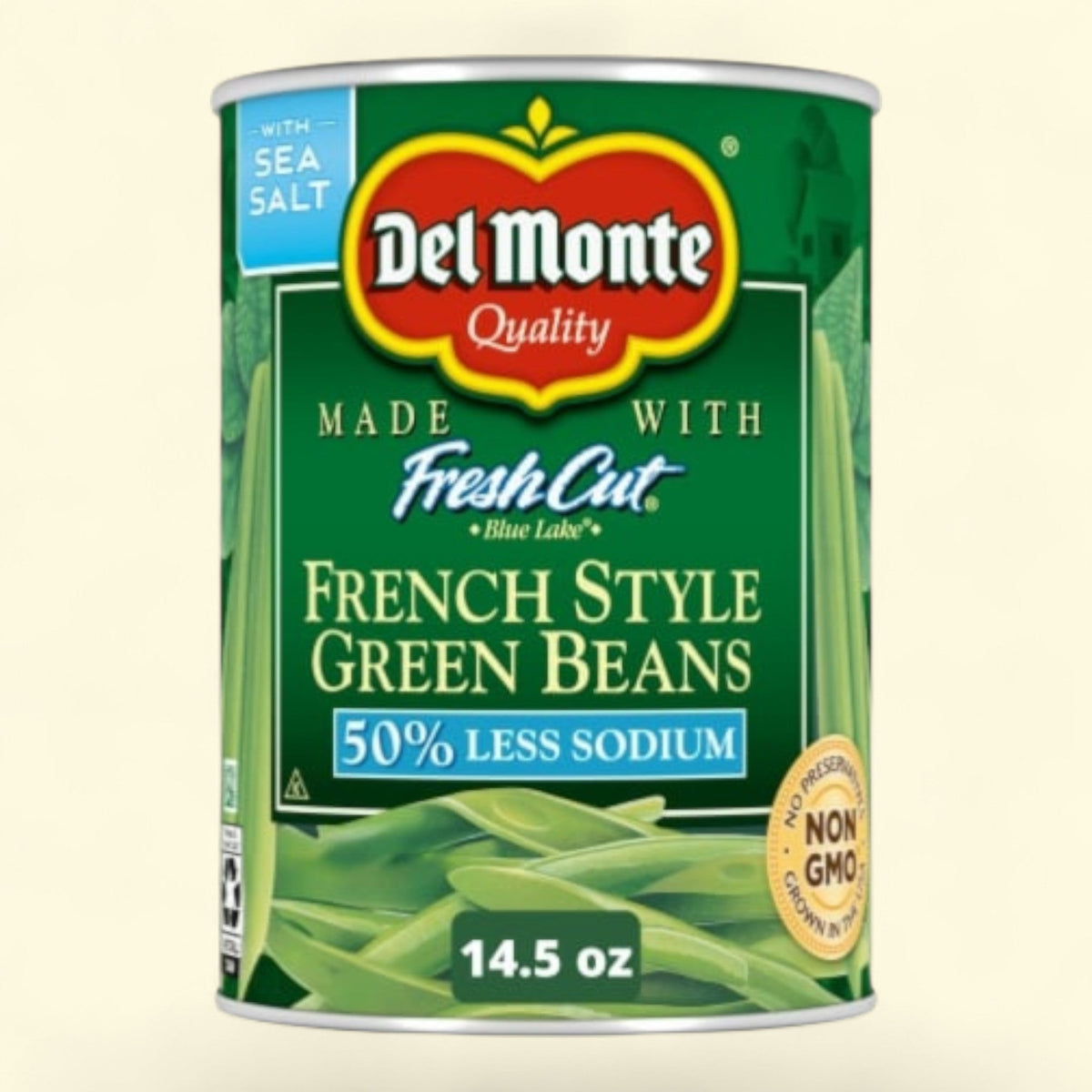 Del Monte Green Beans, French Style, 50% Less Sodium, 14.5 oz — authentic US product shipped worldwide by Treatspree
