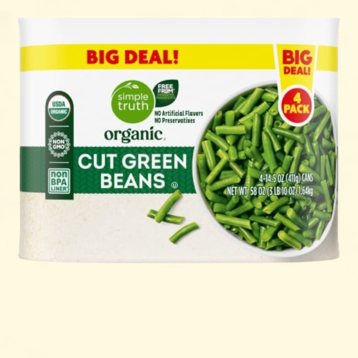 Simple Truth Organic, Cut Canned Green Beans, 4 count, 14.5 oz