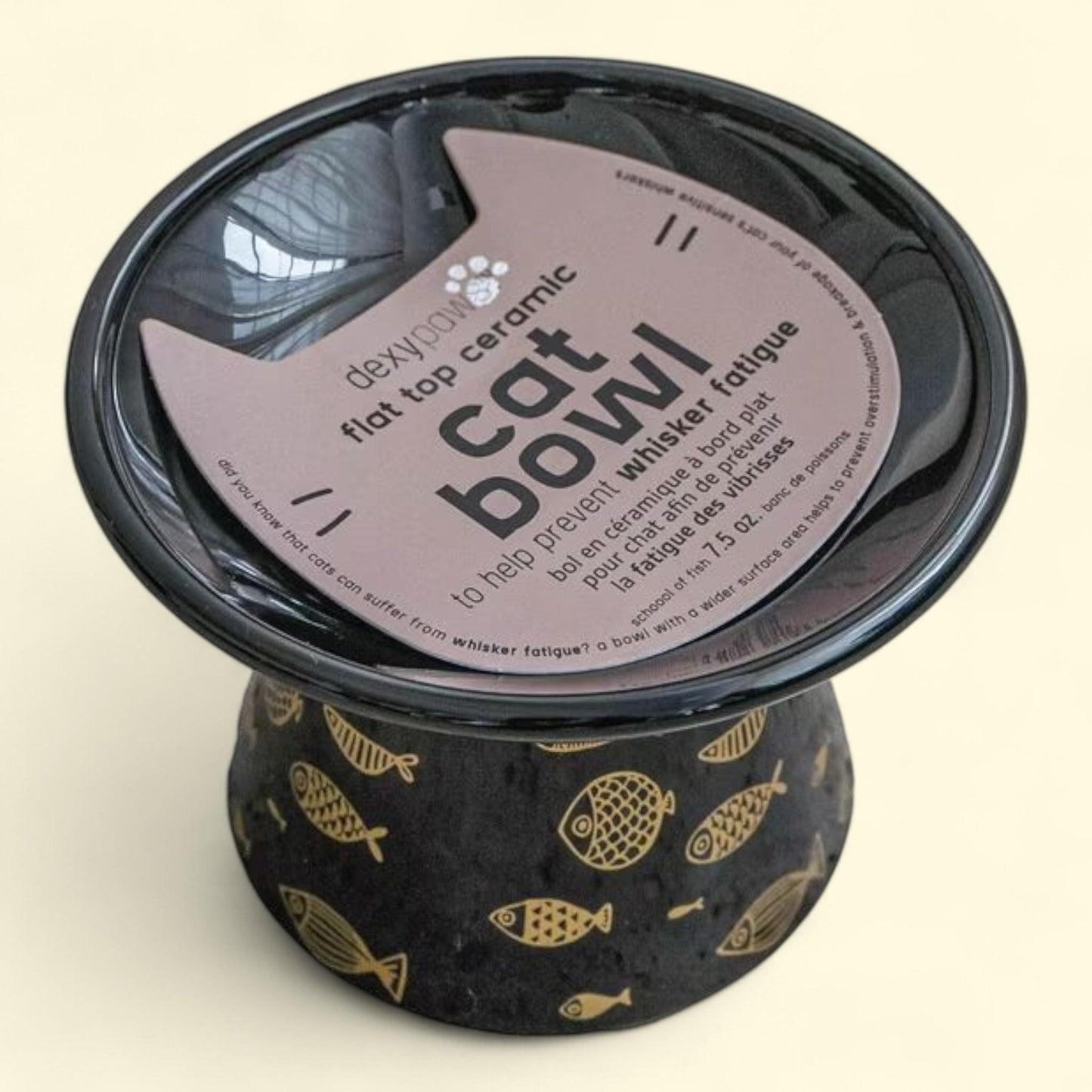 Dexypaws Ceramic Cat Bowl, Black Fish Print - 7.5oz