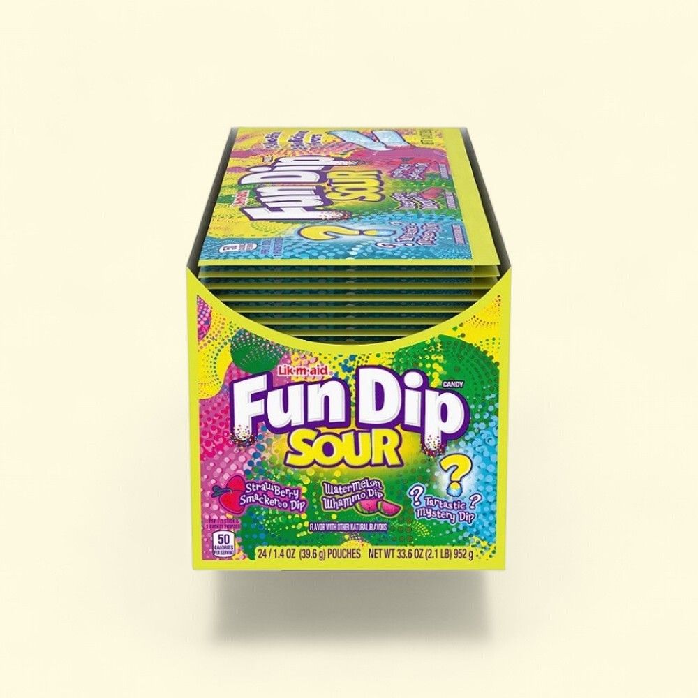 Fun Dip Lik-M-Aid Sour Candy Powder with Dipper, 24 Count Box — authentic US product shipped worldwide by Treatspree