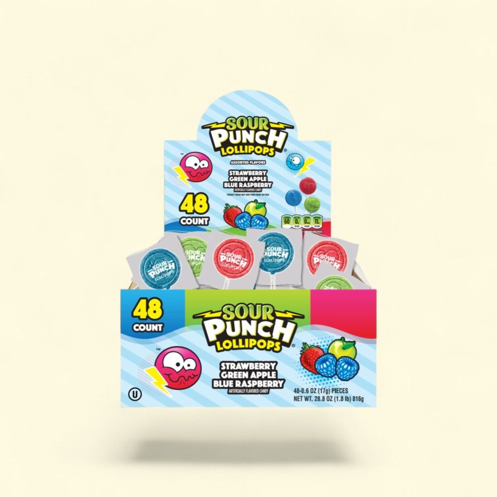 Sour Punch Lollipops: Strawberry, Green Apple, Blue Raspberry (48 Ct) — authentic US product shipped worldwide by Treatspree