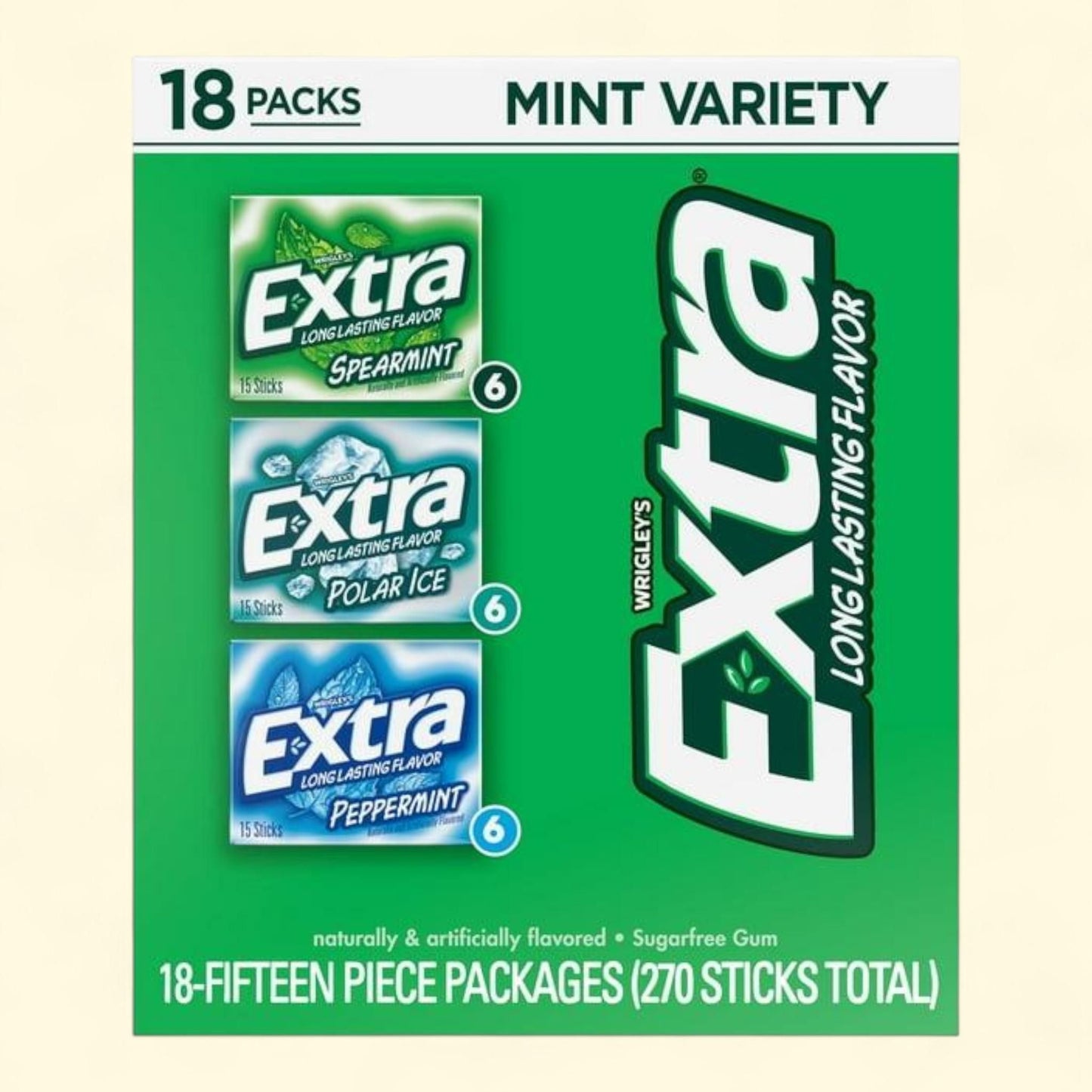 EXTRA Chewing Gum, Mint Sugar Free, 15 pc., 18 pk.